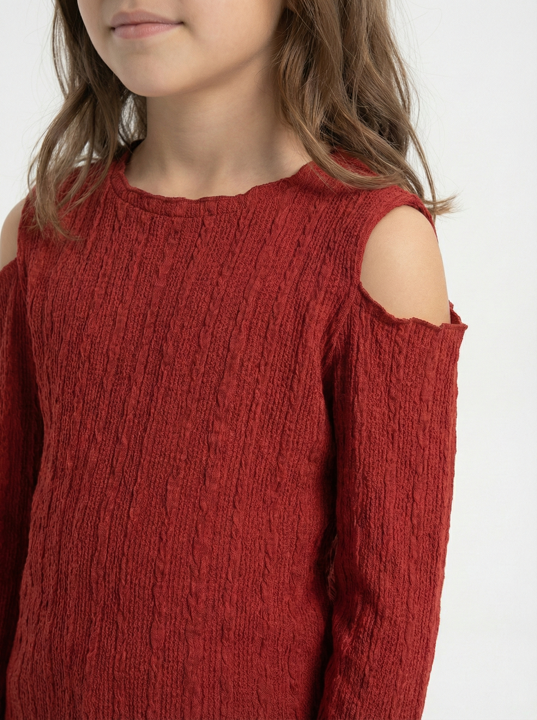 Girls’ Cold-Shoulder Top – Long-Sleeve Lettuce-Trim Ribbed Blouse