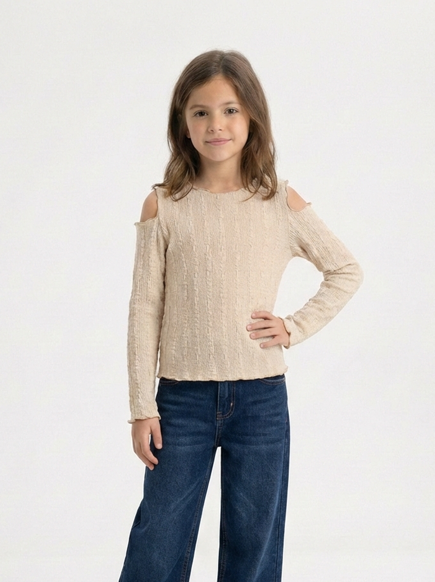 Girls’ Cold-Shoulder Top – Long-Sleeve Lettuce-Trim Ribbed Blouse
