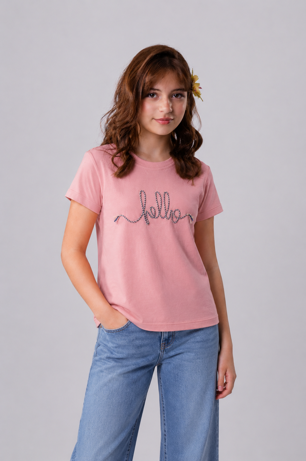 Kids' "Hello" Braided Rope Embroidered Tee