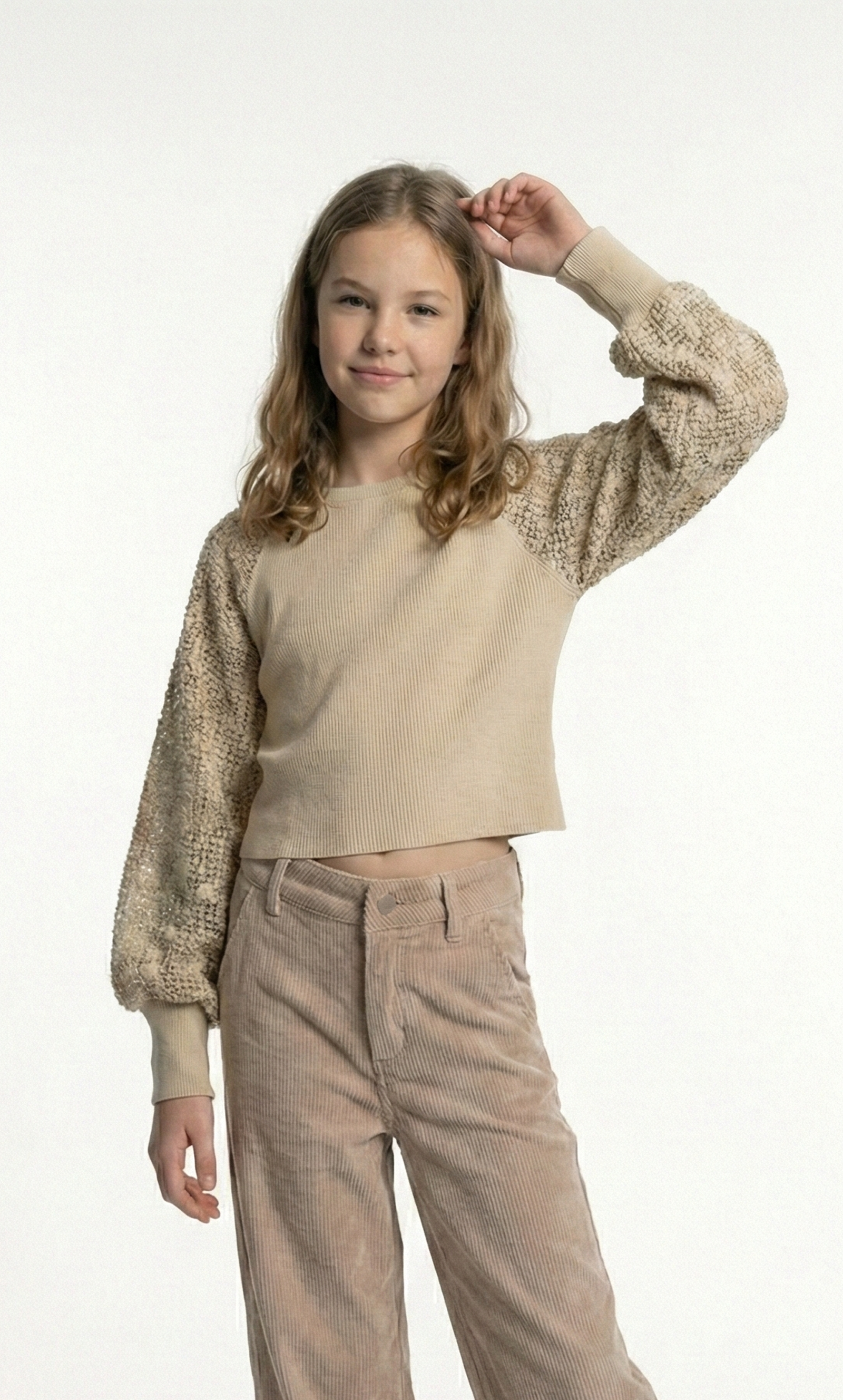 Girls’ Rib-Knit Top with Sequin Net Raglan Sleeves – Elegant Long-Sleeve Blouse