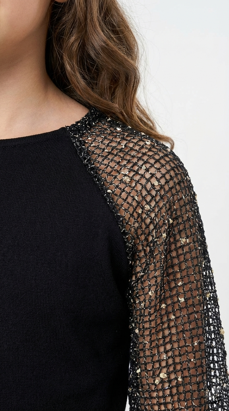 Girls’ Rib-Knit Top with Sequin Net Raglan Sleeves – Elegant Long-Sleeve Blouse