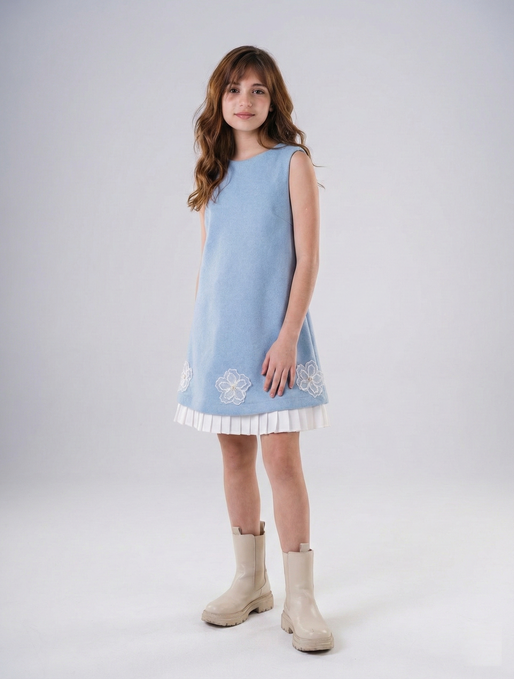 Girls’ A-Line Shift Dress with Floral Appliqué & Pleated Trim