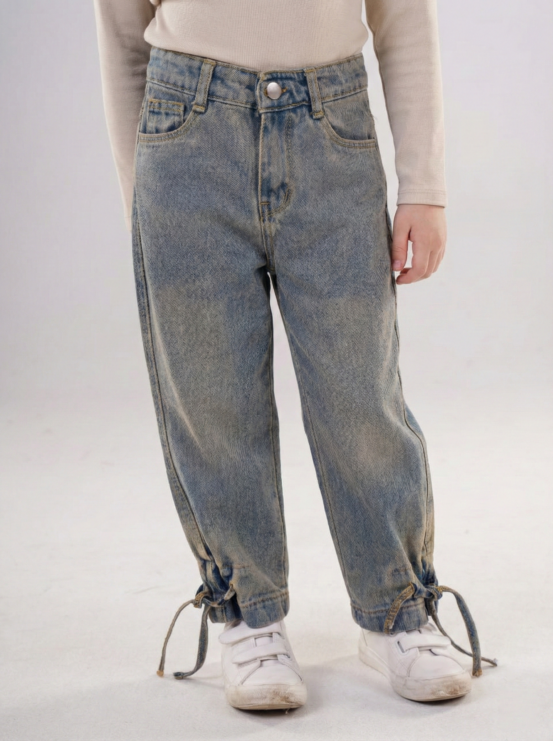 Girls' Vintage Wash Relaxed Jeans –Tie-Hem Denim Pants