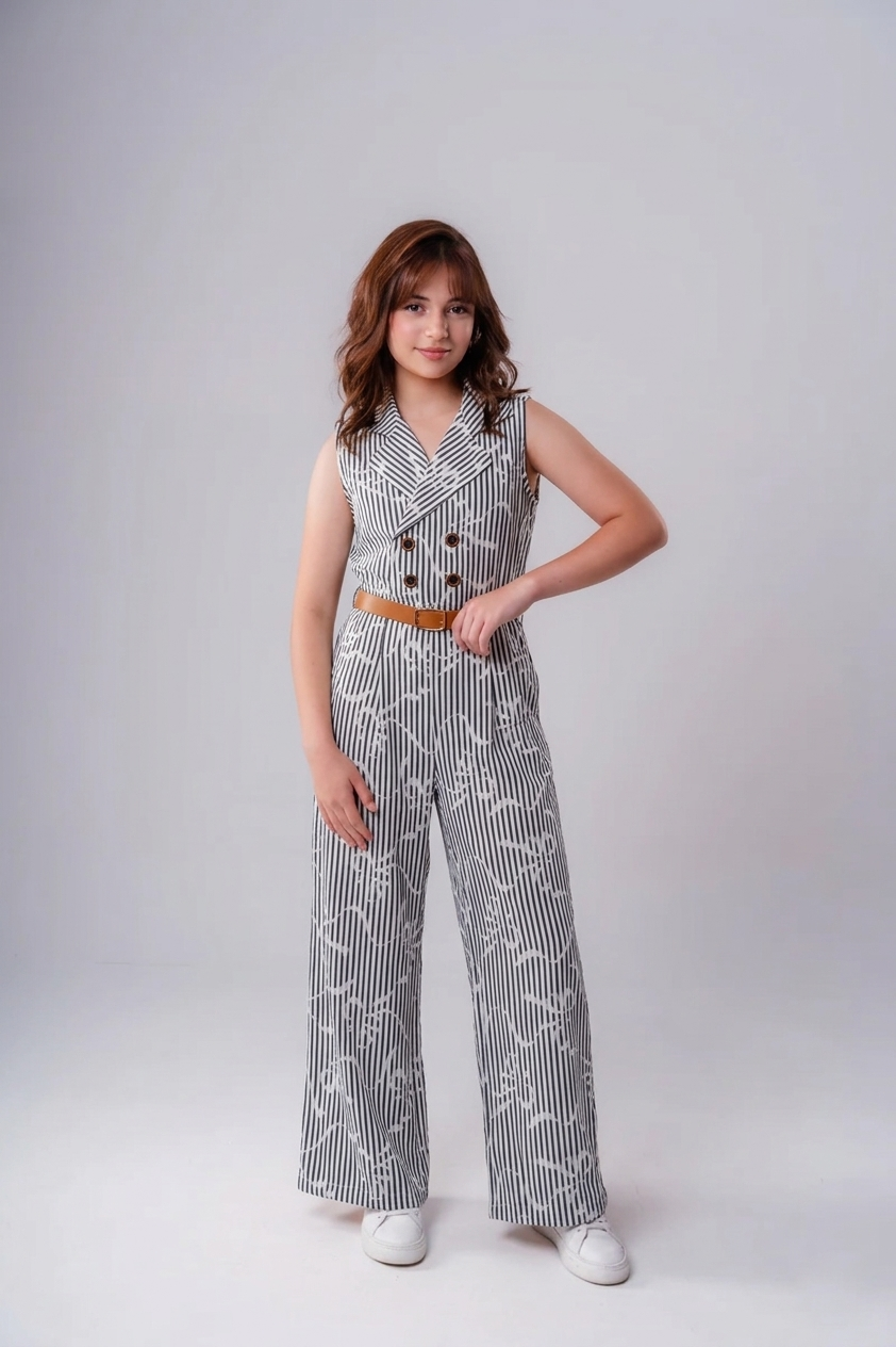 Girls Pinstripe Double-Breasted Wide-Leg Jumpsuit