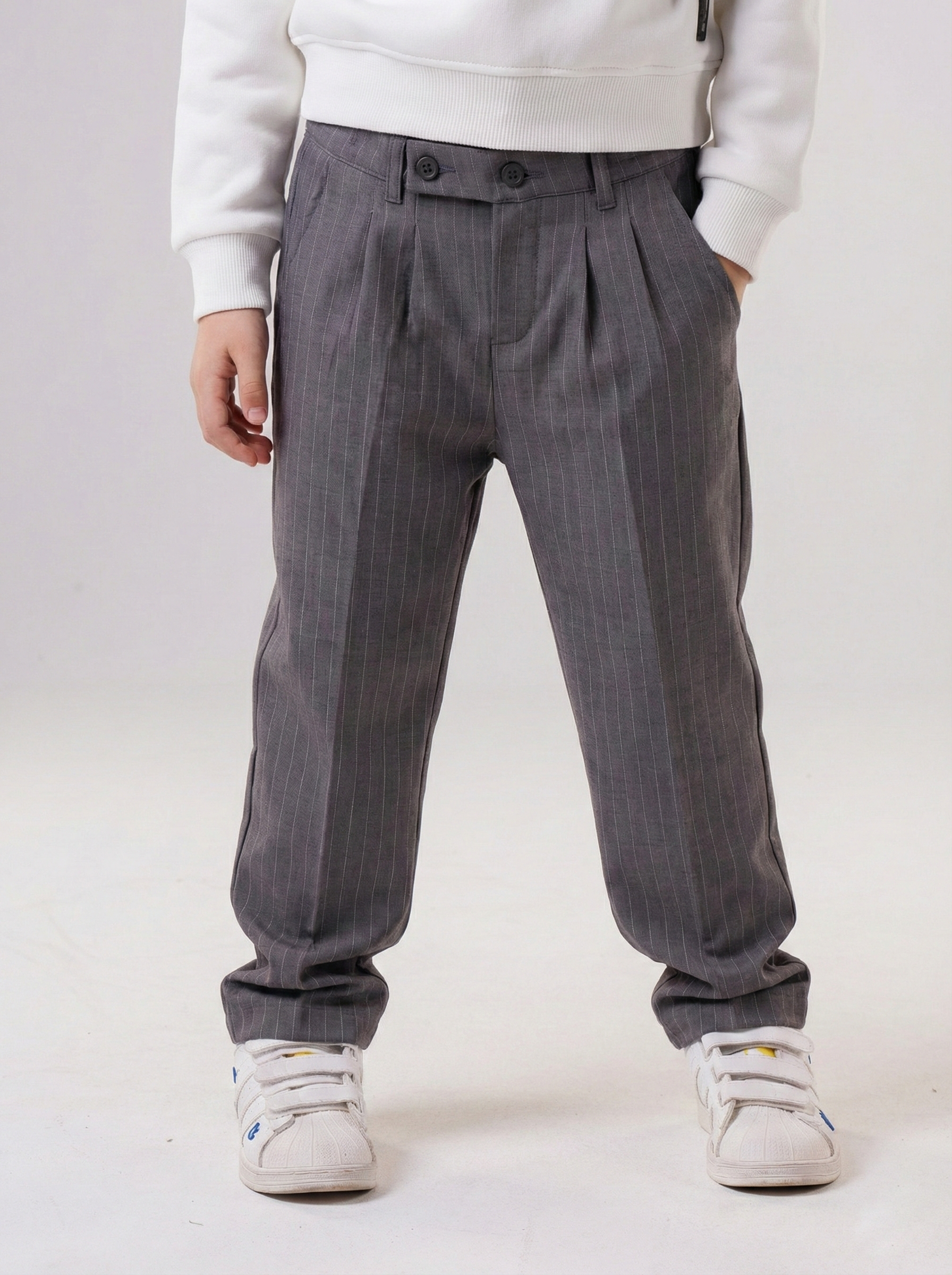 Boys’ Pinstripe Pleated Trousers – Smart-Casual Tailored Dress Pants