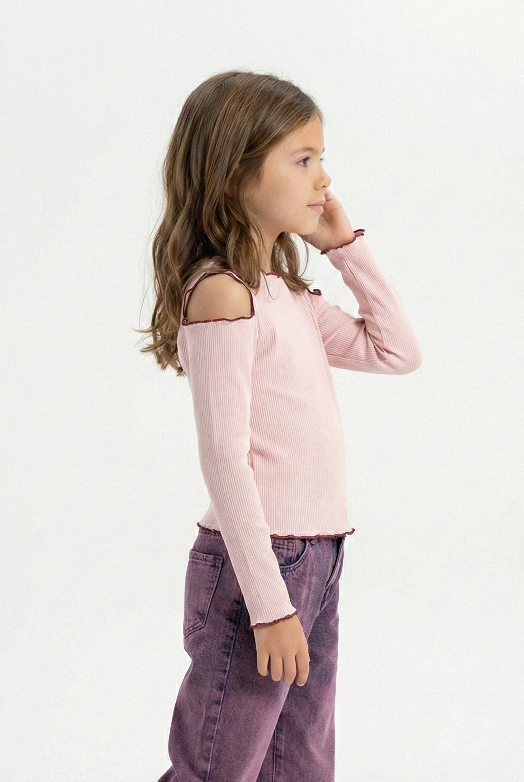 Girls' Soft Ribbed Cut-Out Top with Ruffle Trim