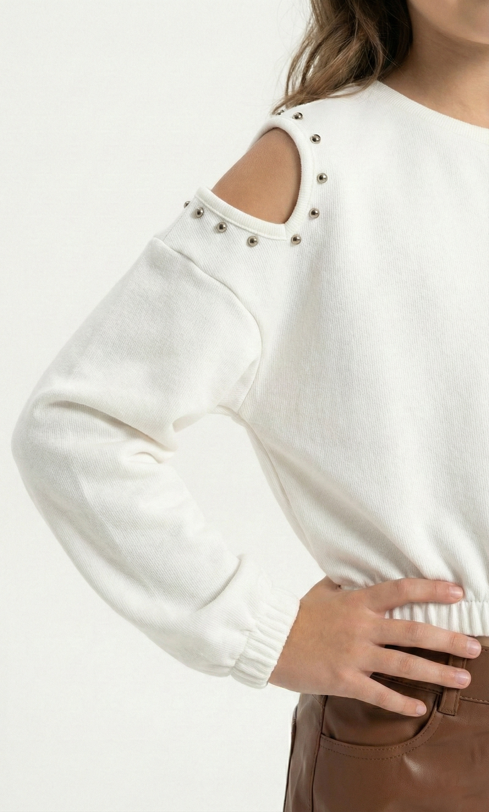 Girls’ Peach Cold-Shoulder Sweatshirt with Studded Detail