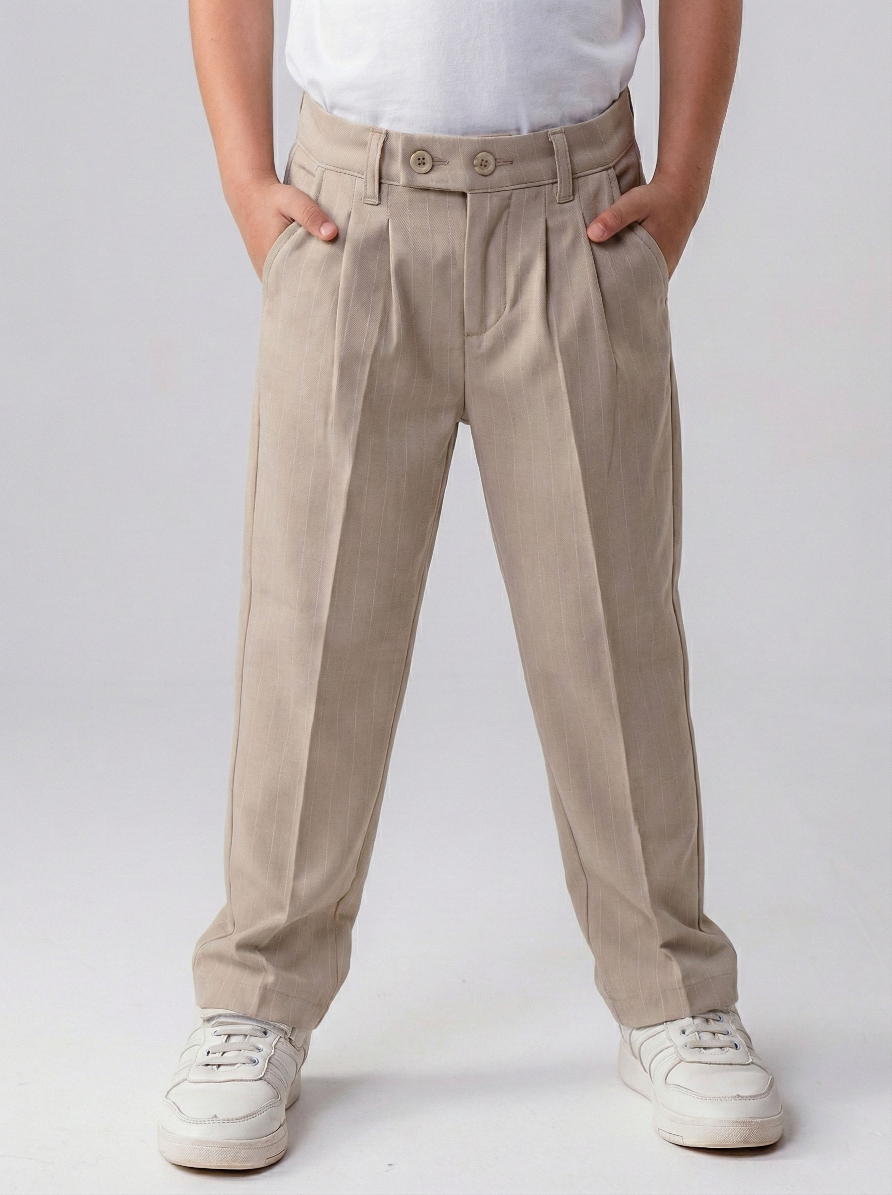 Boys’ Pinstripe Pleated Trousers – Smart-Casual Tailored Dress Pants