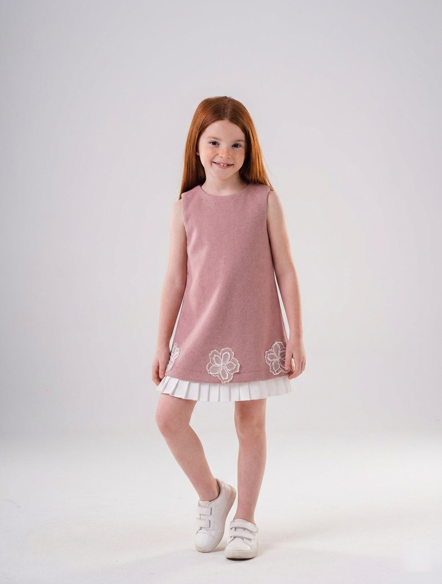 Girls’ A-Line Shift Dress with Floral Appliqué & Pleated Trim