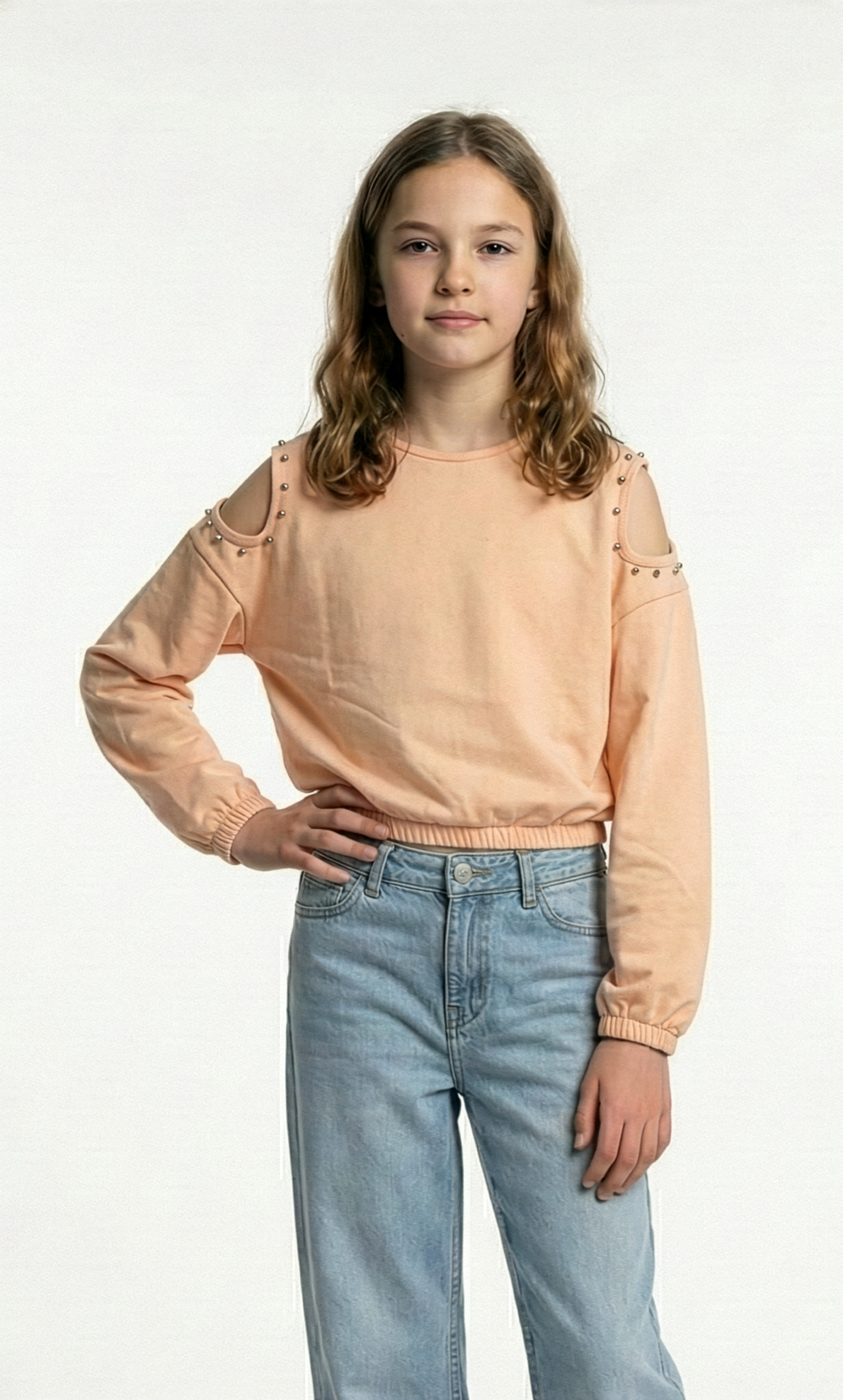 Girls’ Peach Cold-Shoulder Sweatshirt with Studded Detail