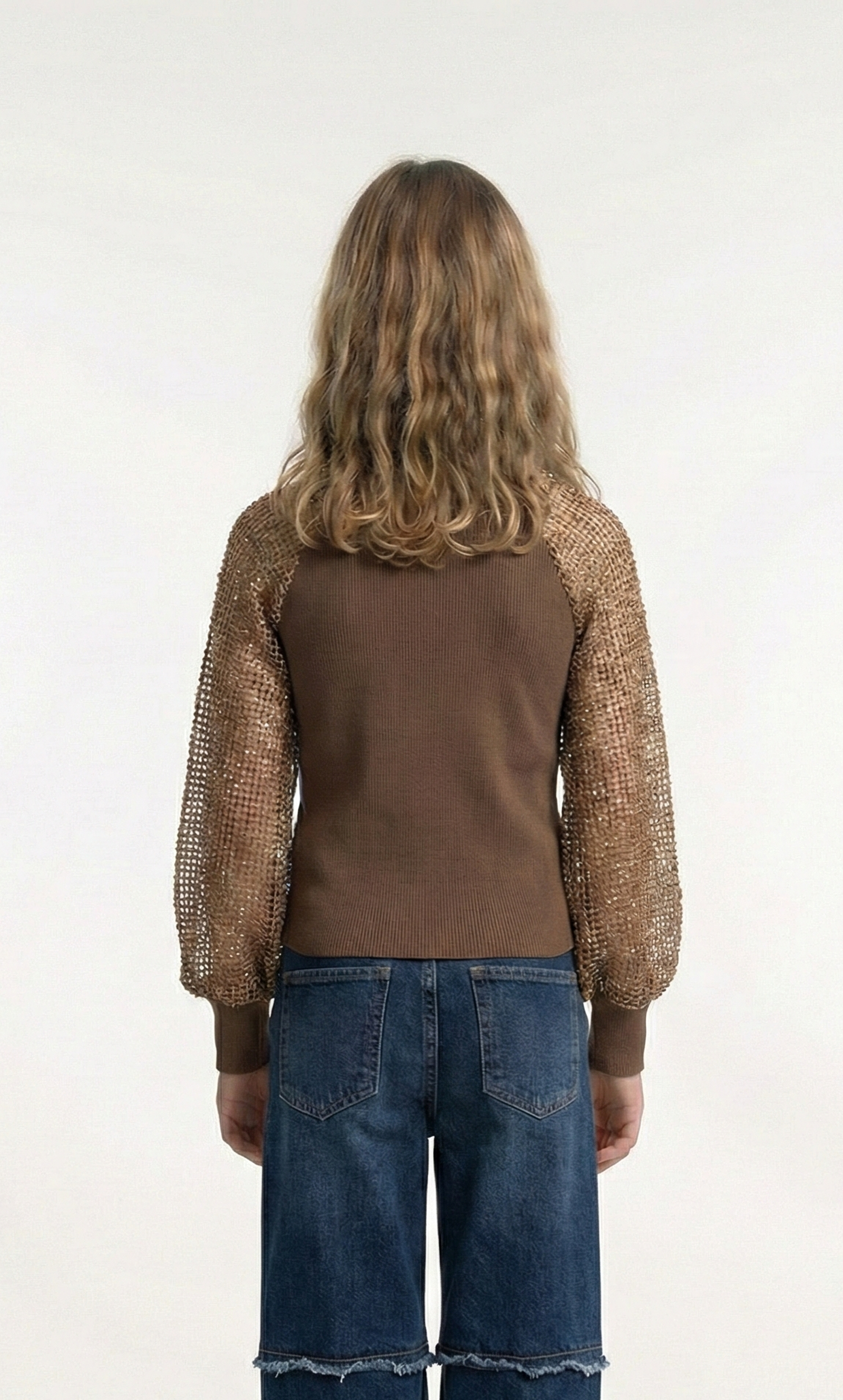 Girls’ Rib-Knit Top with Sequin Net Raglan Sleeves – Elegant Long-Sleeve Blouse