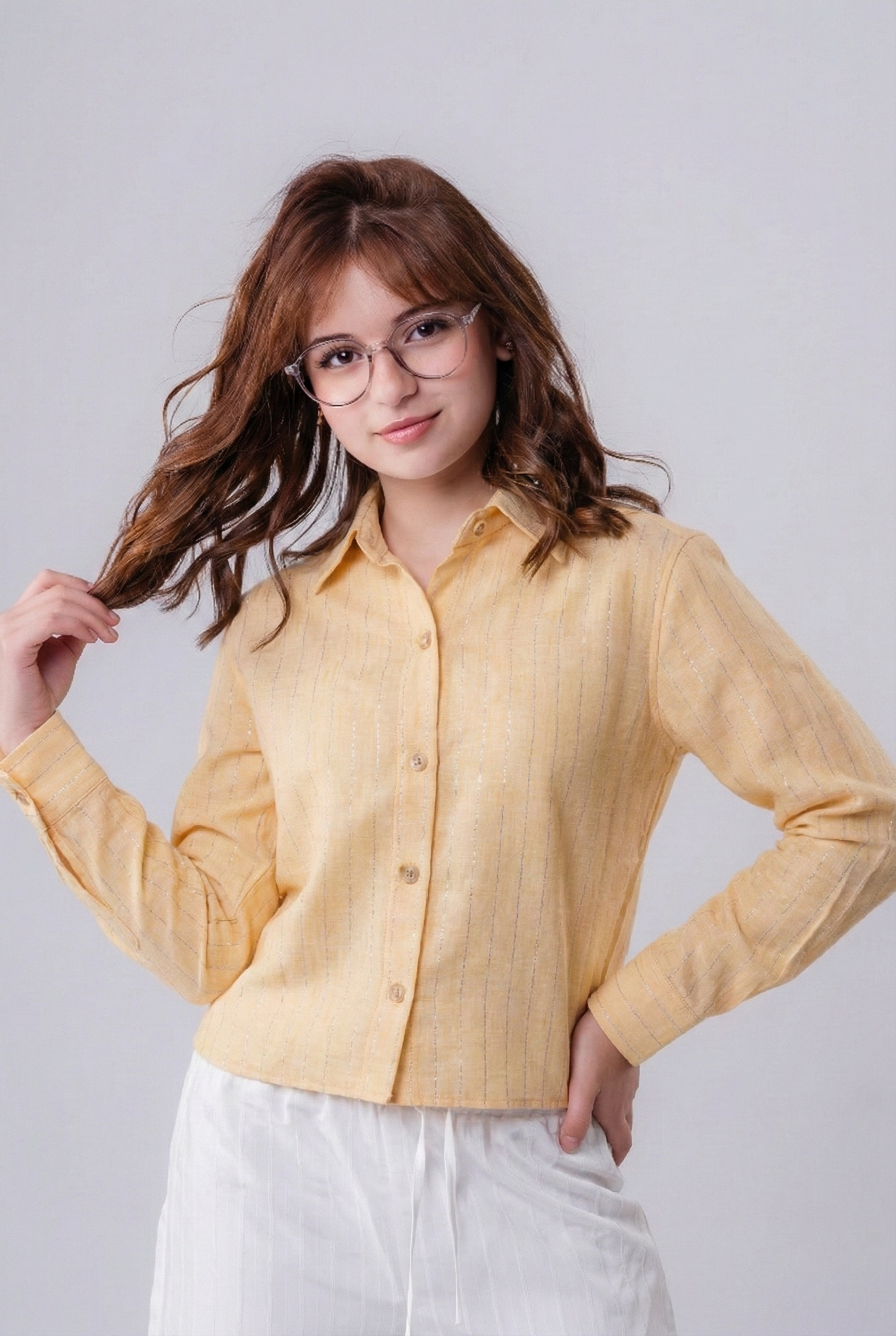 Girls’ Shimmer Button Down Shirt Long-Sleeve Lurex Striped Blouse