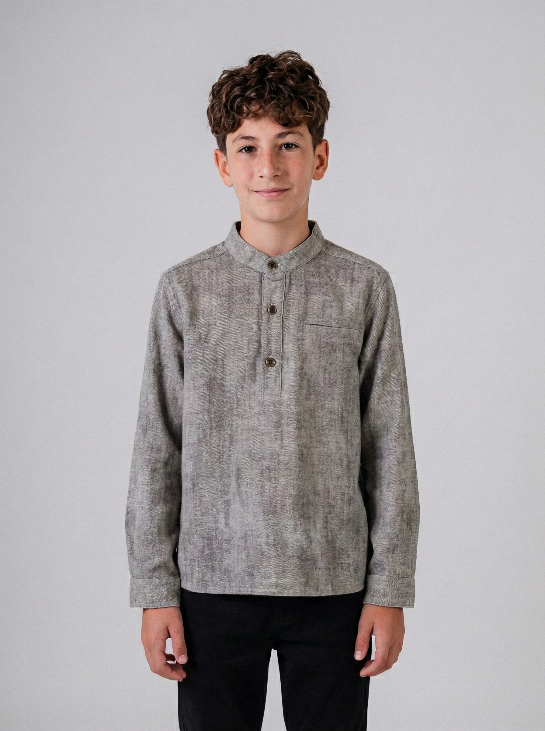 Boys’ Collar Shirt – Long-Sleeve Henley with Subtle Pattern