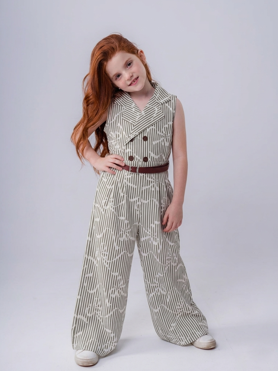 Girls Pinstripe Double-Breasted Wide-Leg Jumpsuit