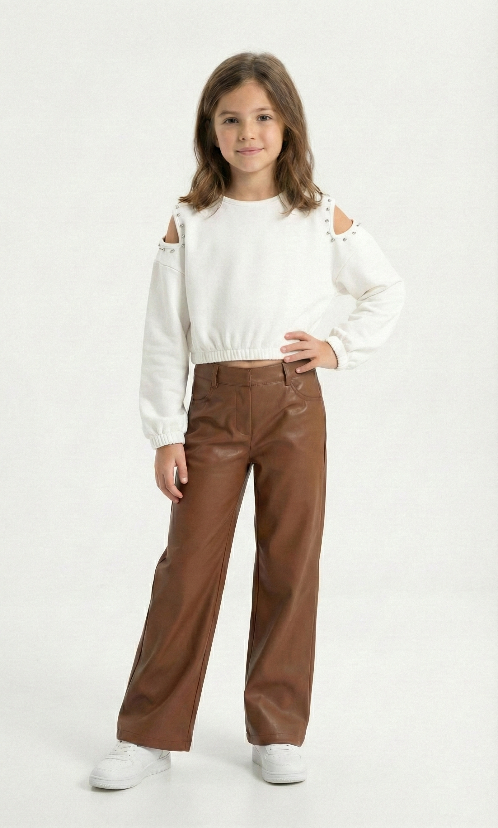 Girls’ Peach Cold-Shoulder Sweatshirt with Studded Detail
