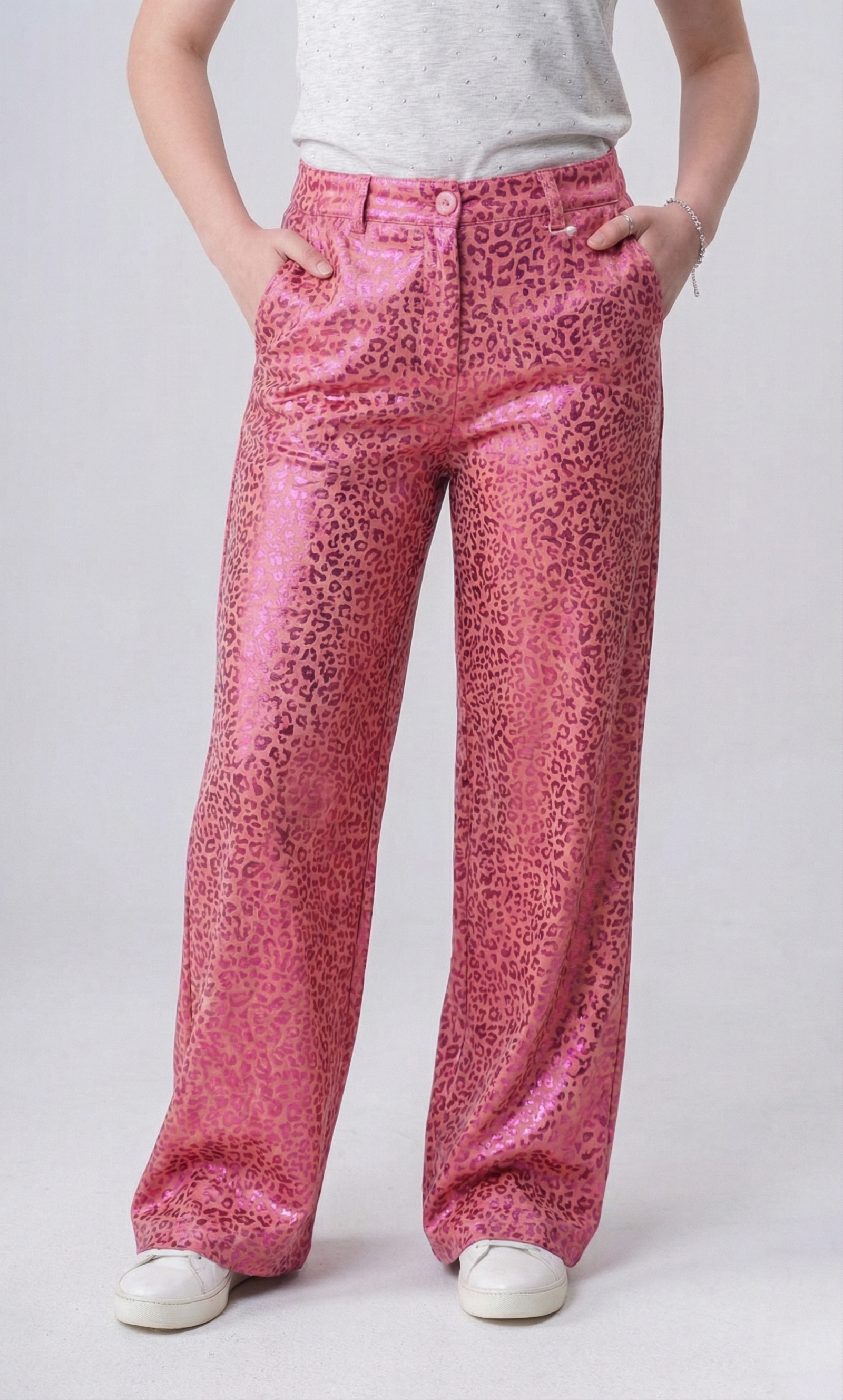 Girls’ Leopard Print High-Waist Trousers – Trendy Wide-Leg Pants