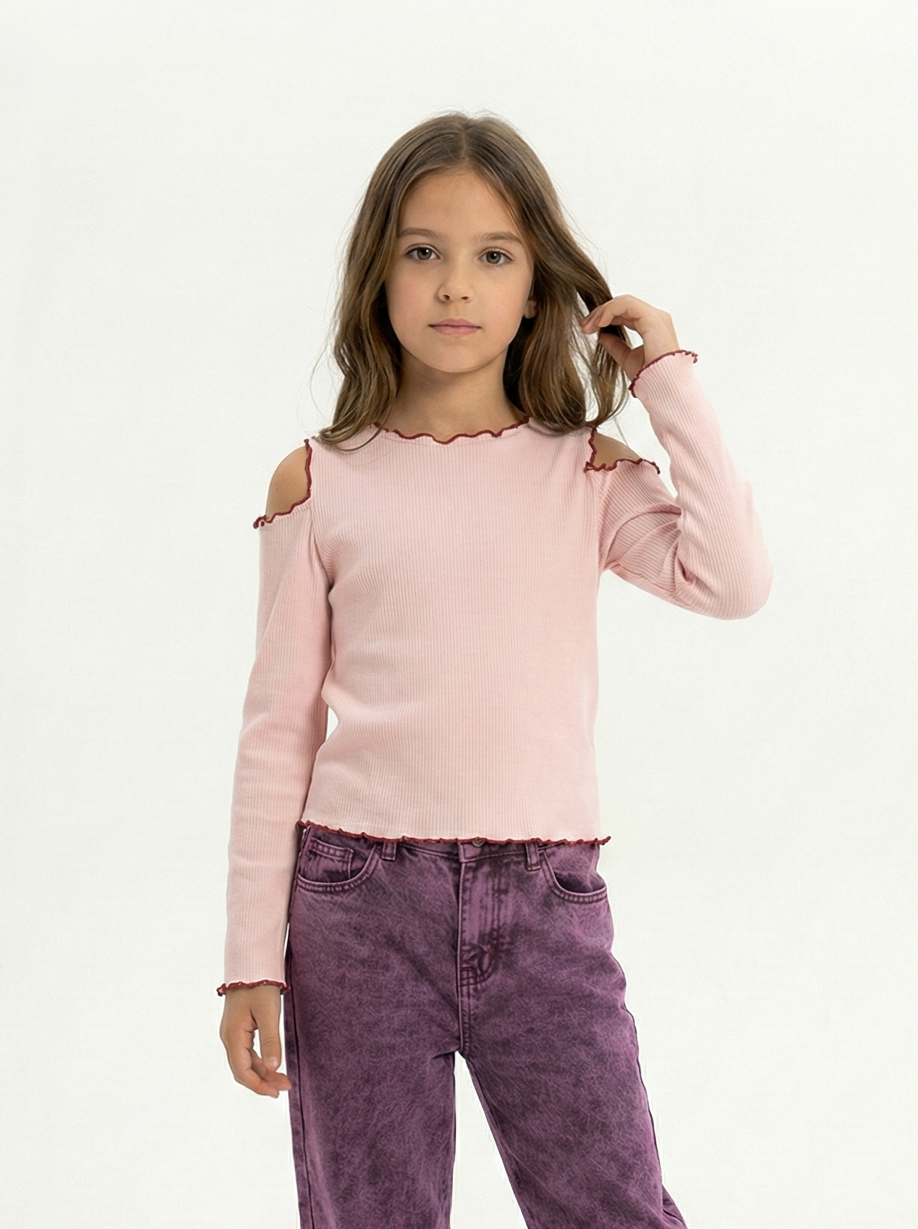 Girls' Soft Ribbed Cut-Out Top with Ruffle Trim