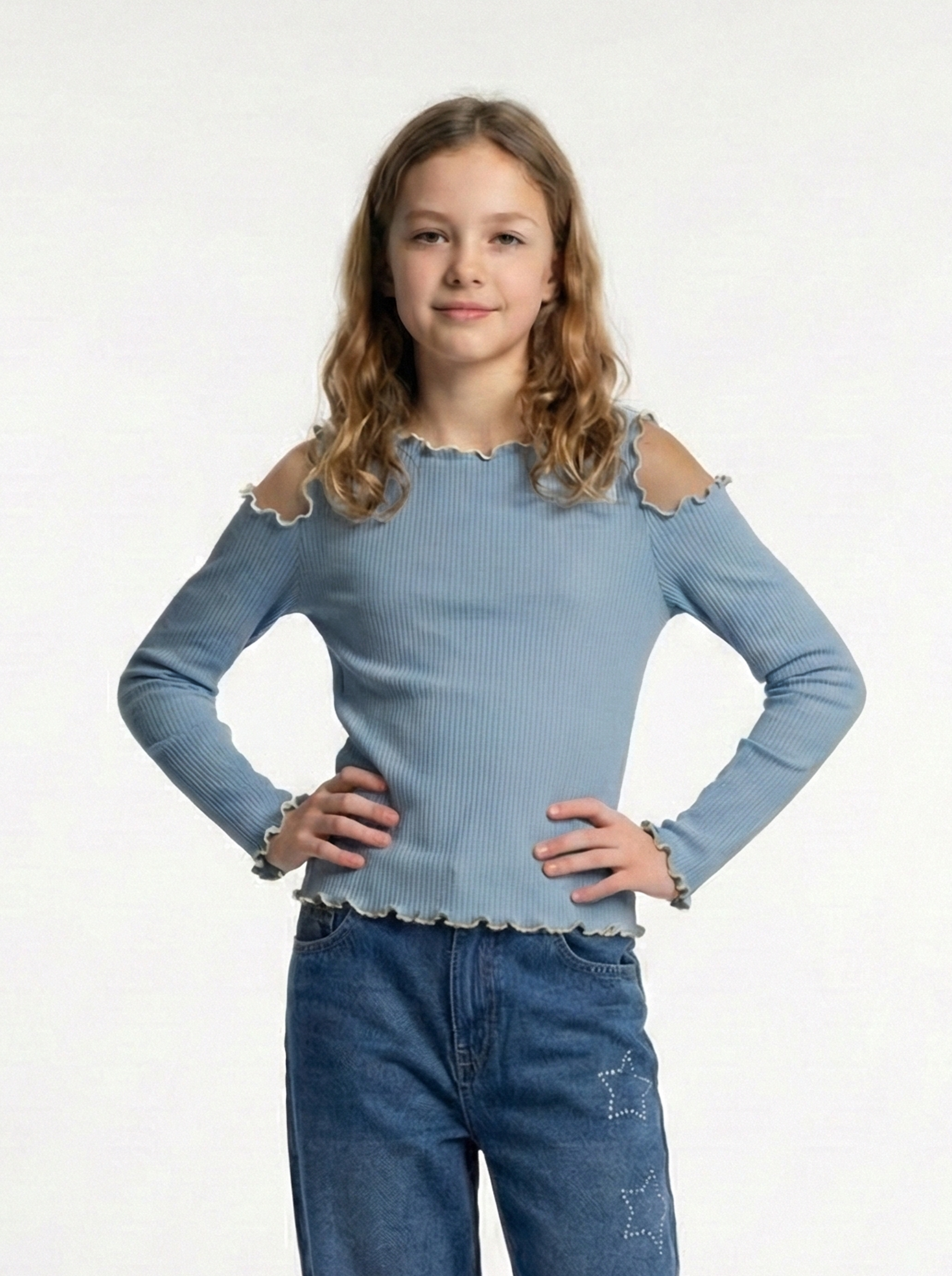 Girls' Soft Ribbed Cut-Out Top with Ruffle Trim