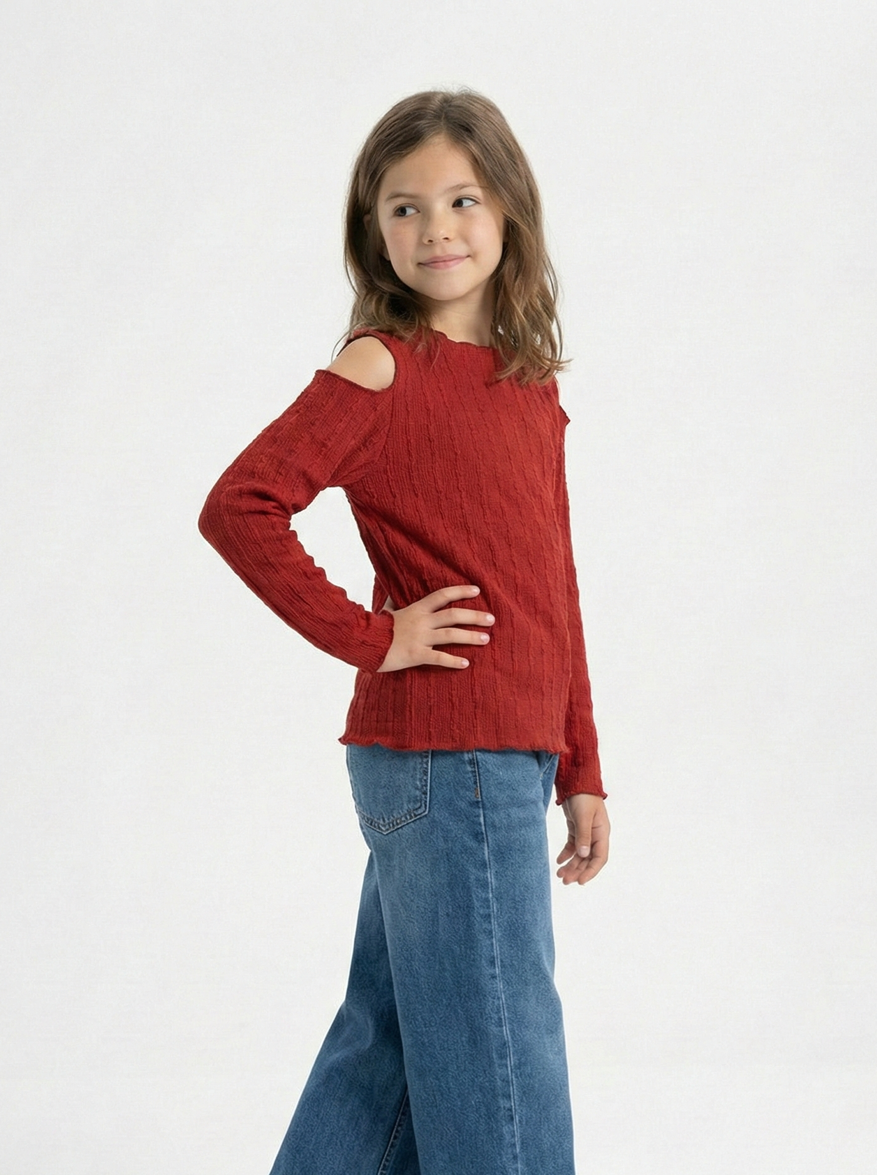 Girls’ Cold-Shoulder Top – Long-Sleeve Lettuce-Trim Ribbed Blouse