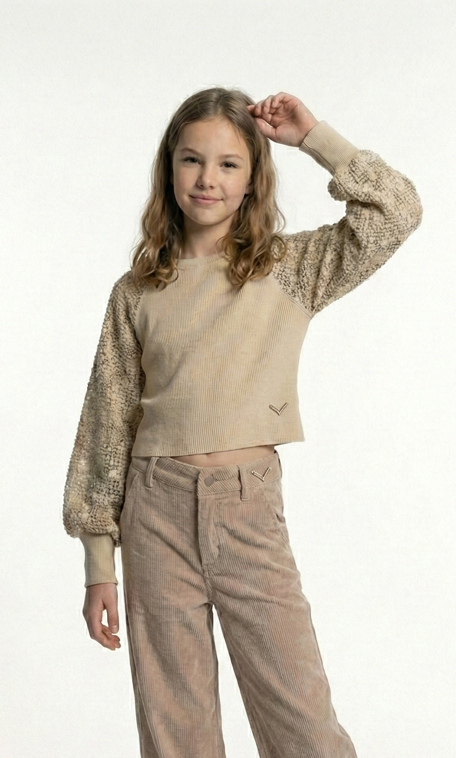 Girls’ Rib-Knit Top with Sequin Net Raglan Sleeves – Elegant Long-Sleeve Blouse