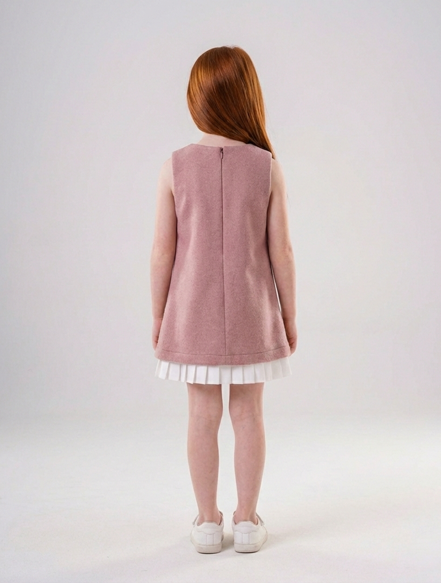 Girls’ A-Line Shift Dress with Floral Appliqué & Pleated Trim