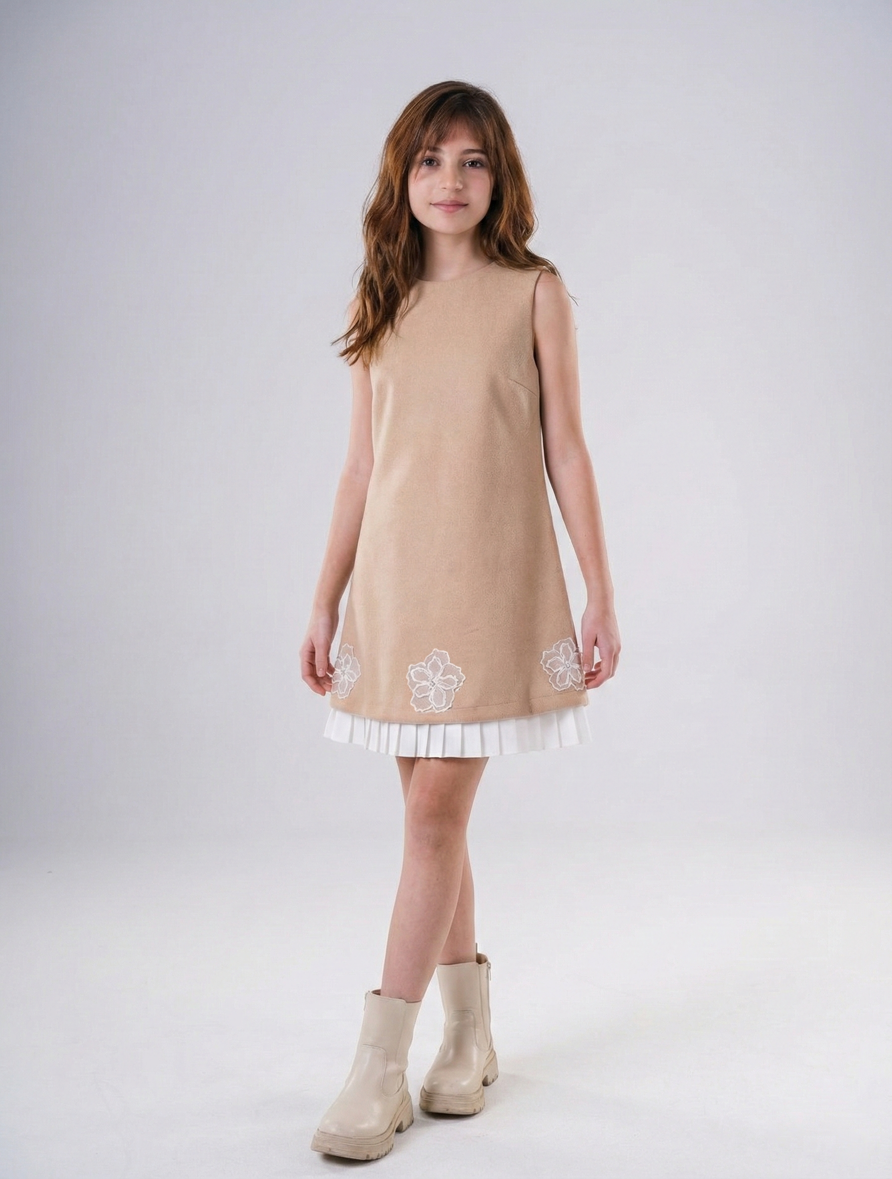 Girls’ A-Line Shift Dress with Floral Appliqué & Pleated Trim