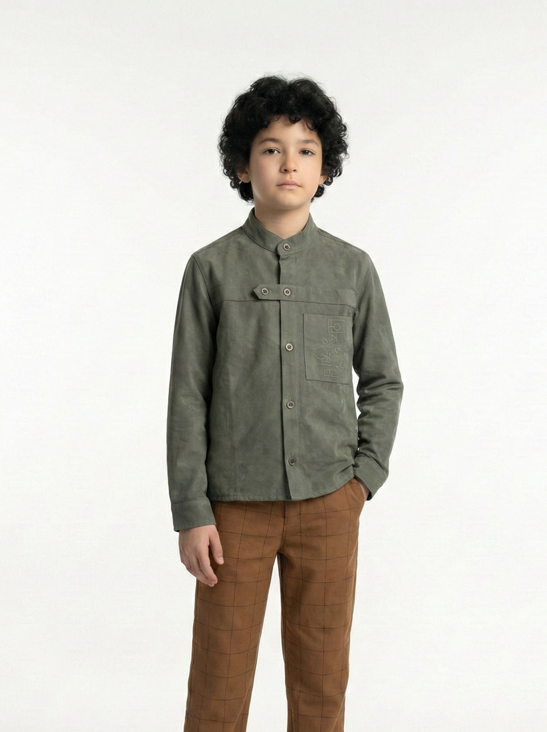 Boys’ Mandarin Collar Shirt – Long-Sleeve Button-Up with Geometric Embroidery