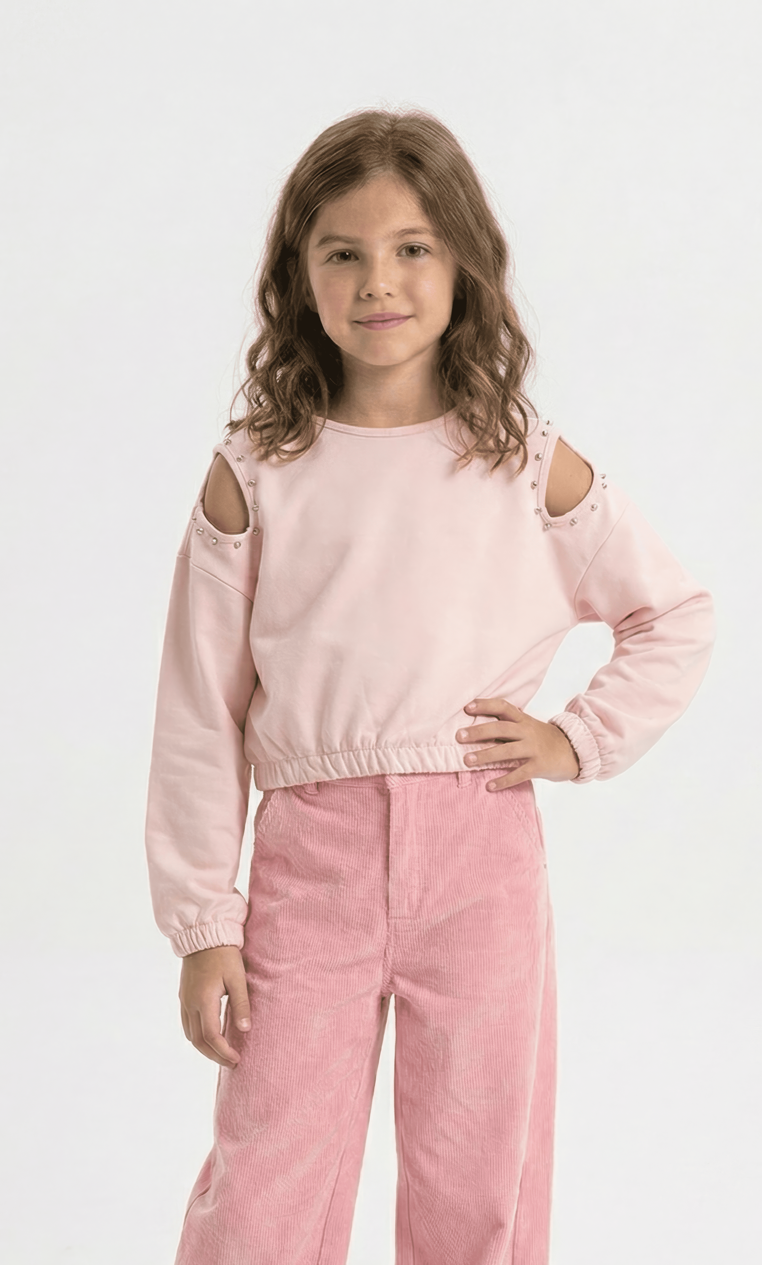 Girls’ Peach Cold-Shoulder Sweatshirt with Studded Detail