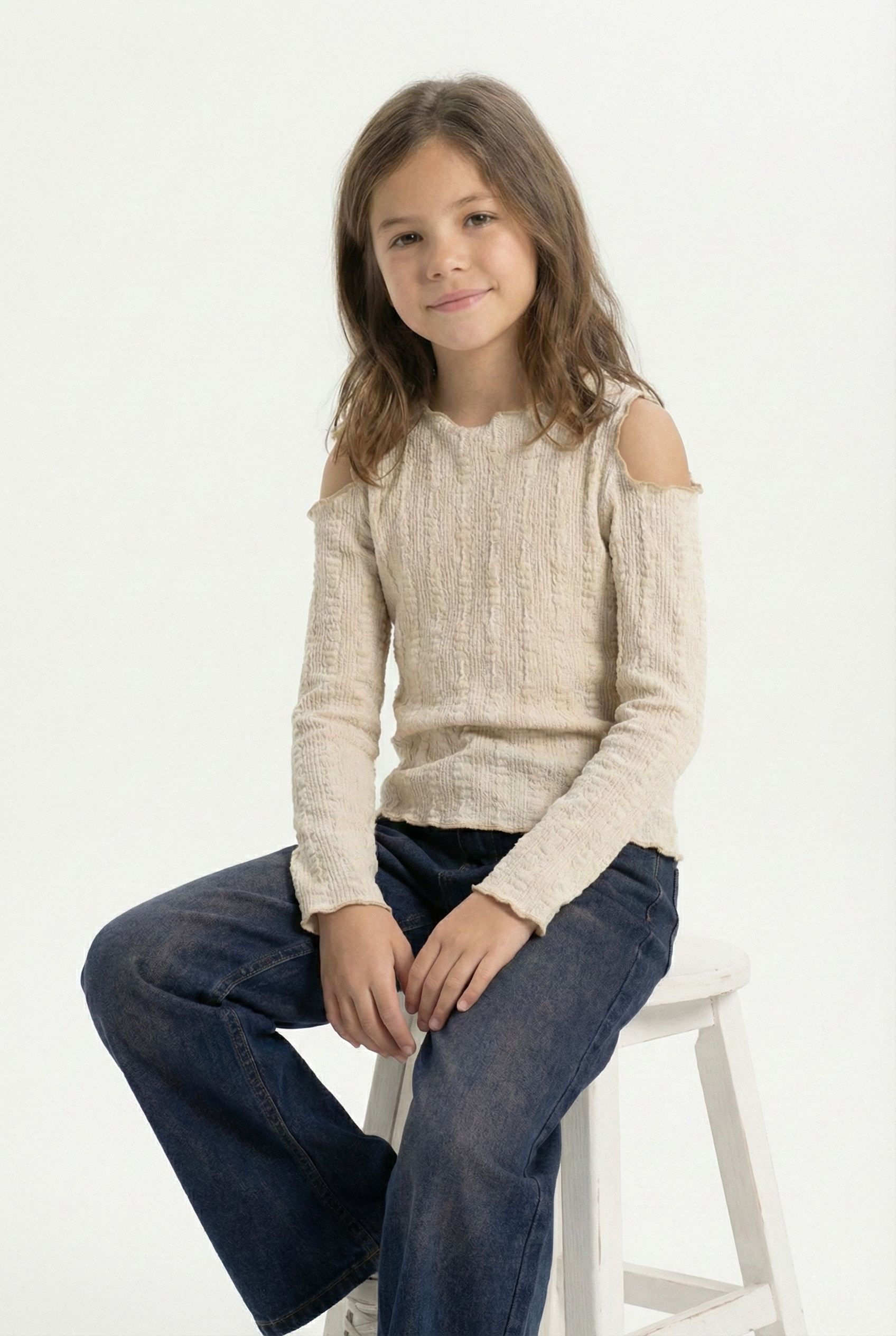 Girls’ Cold-Shoulder Top – Long-Sleeve Lettuce-Trim Ribbed Blouse