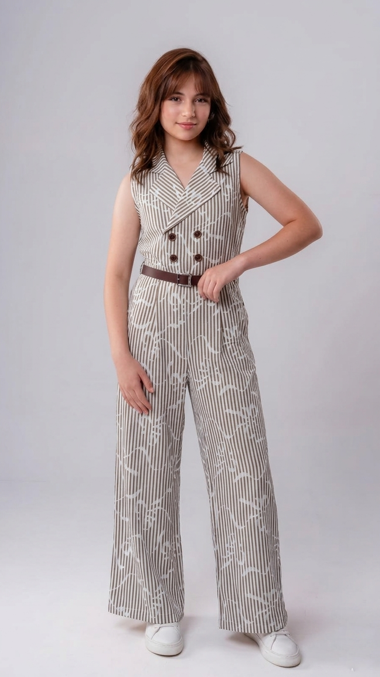 Girls Pinstripe Double-Breasted Wide-Leg Jumpsuit