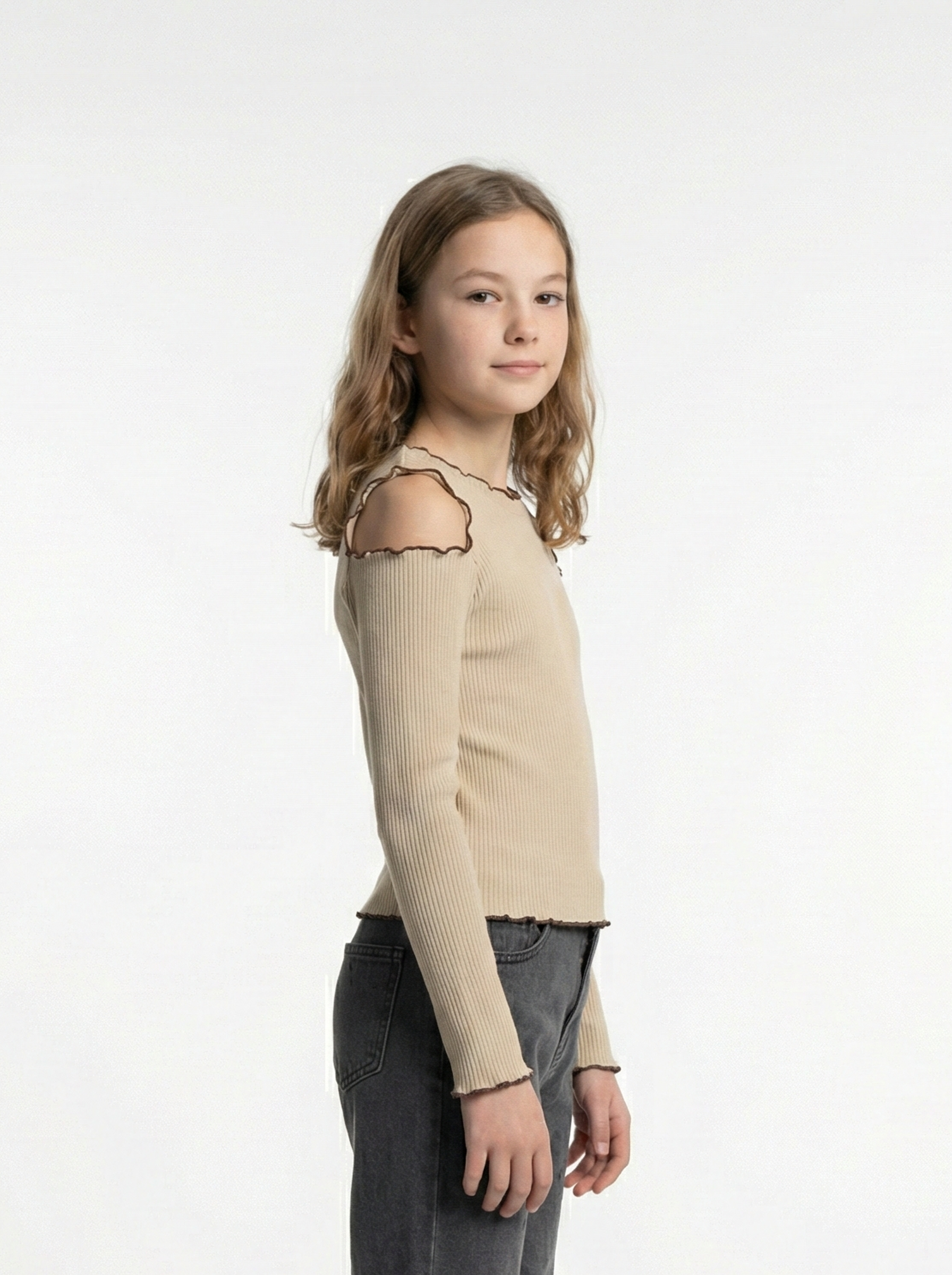Girls' Soft Ribbed Cut-Out Top with Ruffle Trim