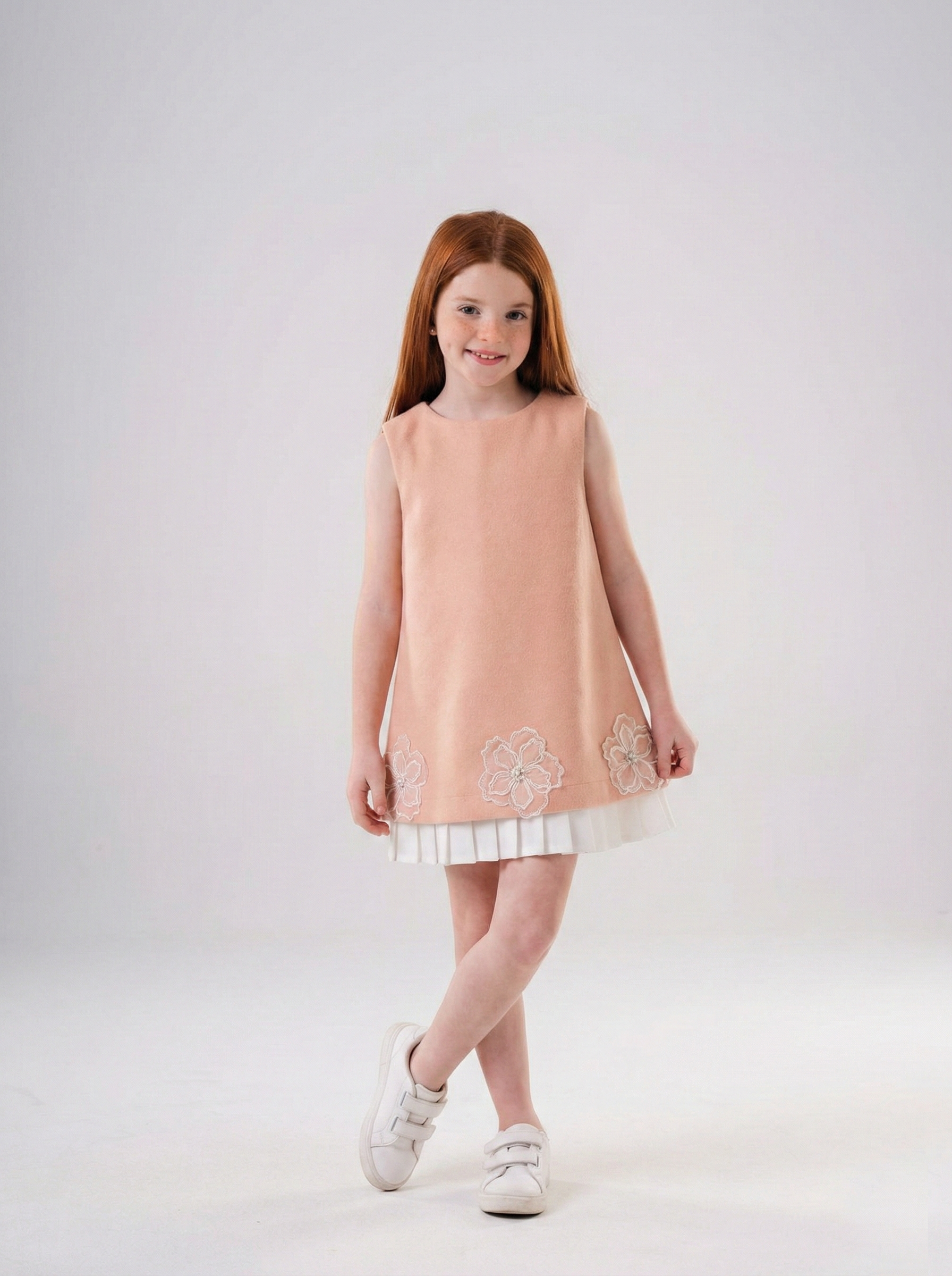 Girls’ A-Line Shift Dress with Floral Appliqué & Pleated Trim