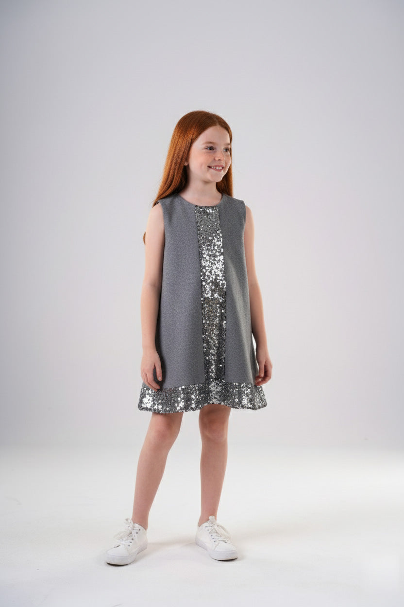 Girls Sleeveless Shift Dress with Sequin Trim
