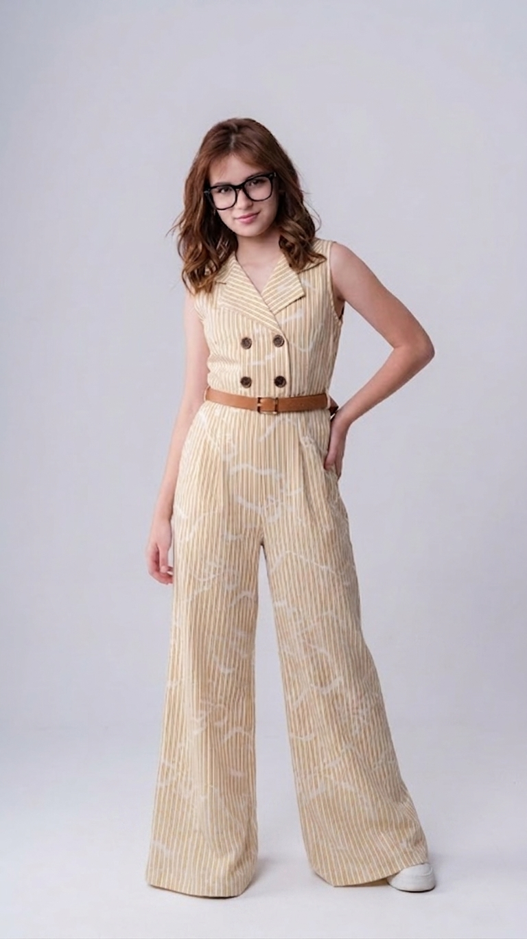 Girls Pinstripe Double-Breasted Wide-Leg Jumpsuit