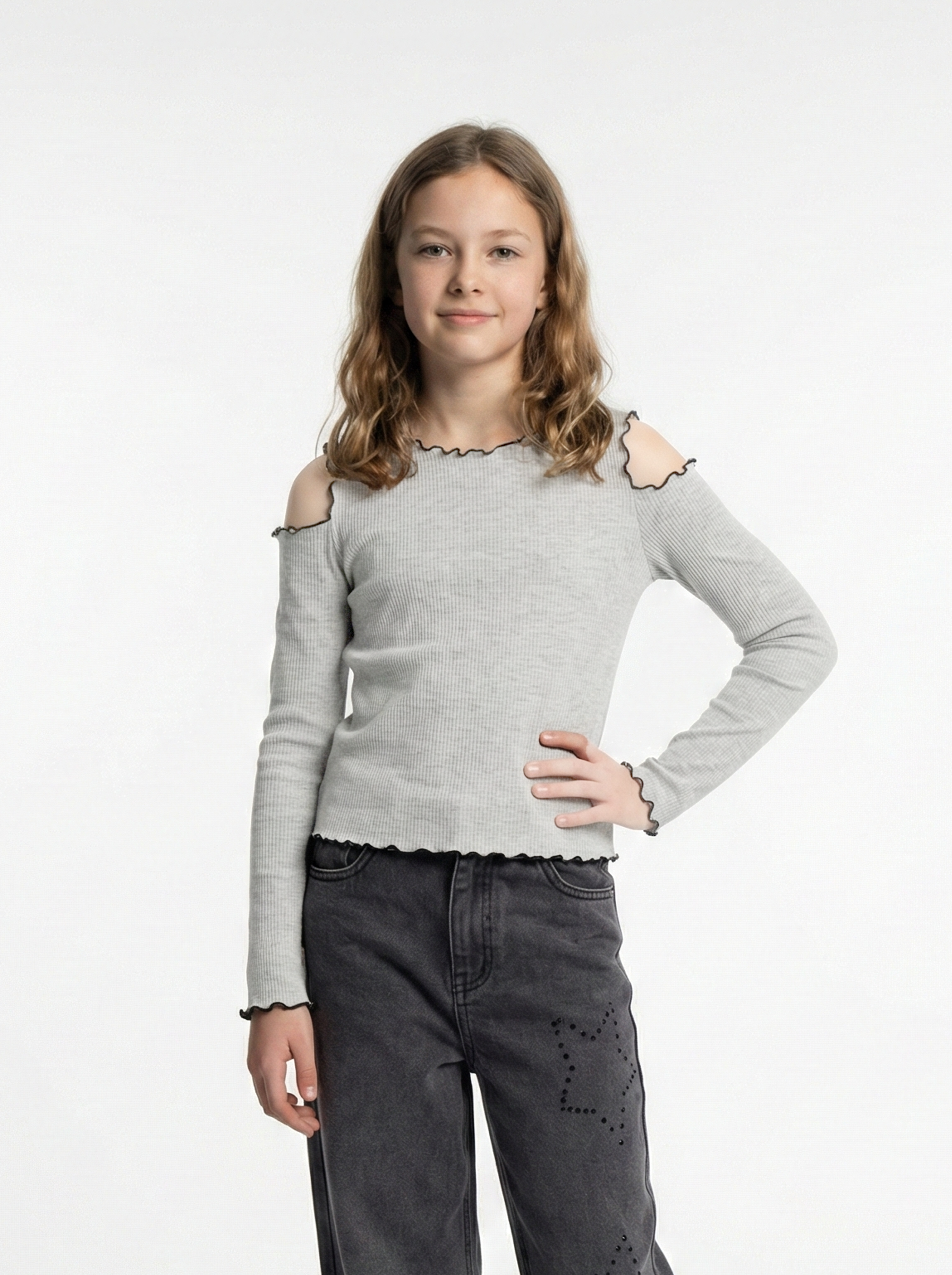 Girls' Soft Ribbed Cut-Out Top with Ruffle Trim