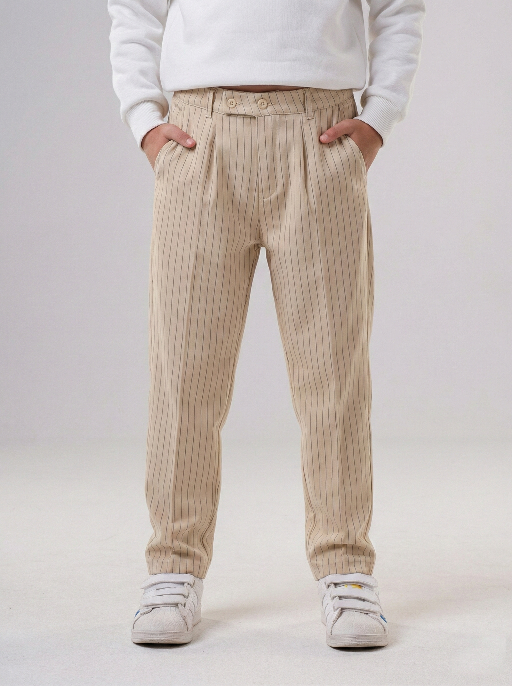 Boys’ Pinstripe Pleated Trousers – Smart-Casual Tailored Dress Pants