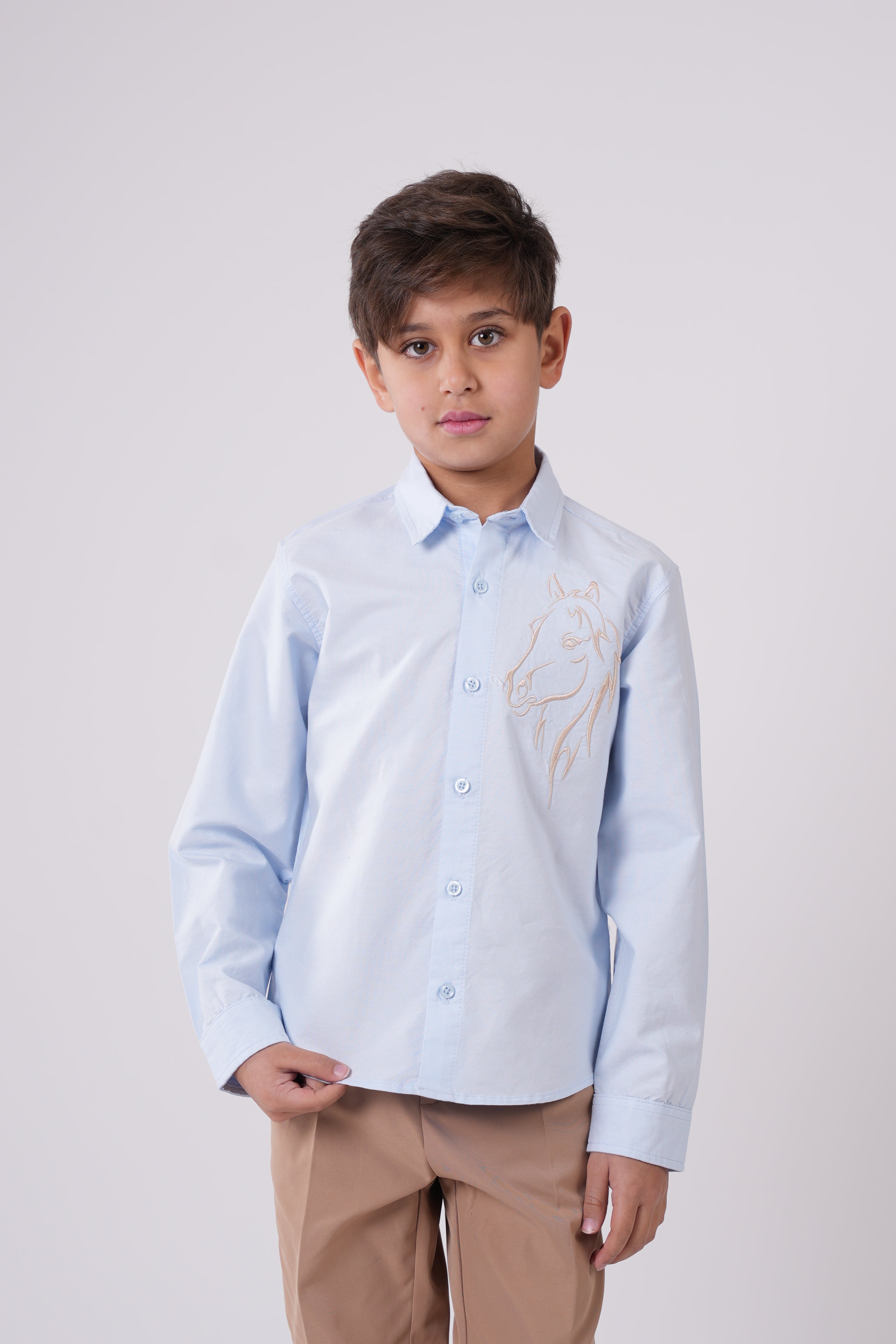 Boys’ Button-Down Shirt – Embroidered Horse Detail with Classic Collar