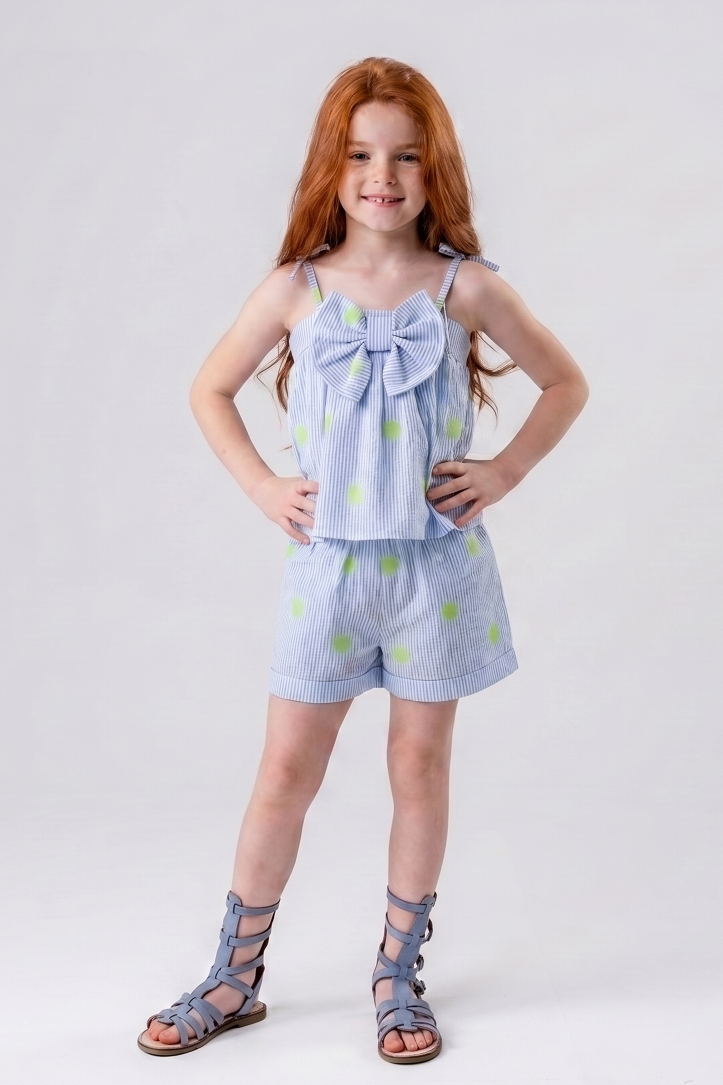 Kids' Two-Piece Pinstripe Bow Top & Shorts Set