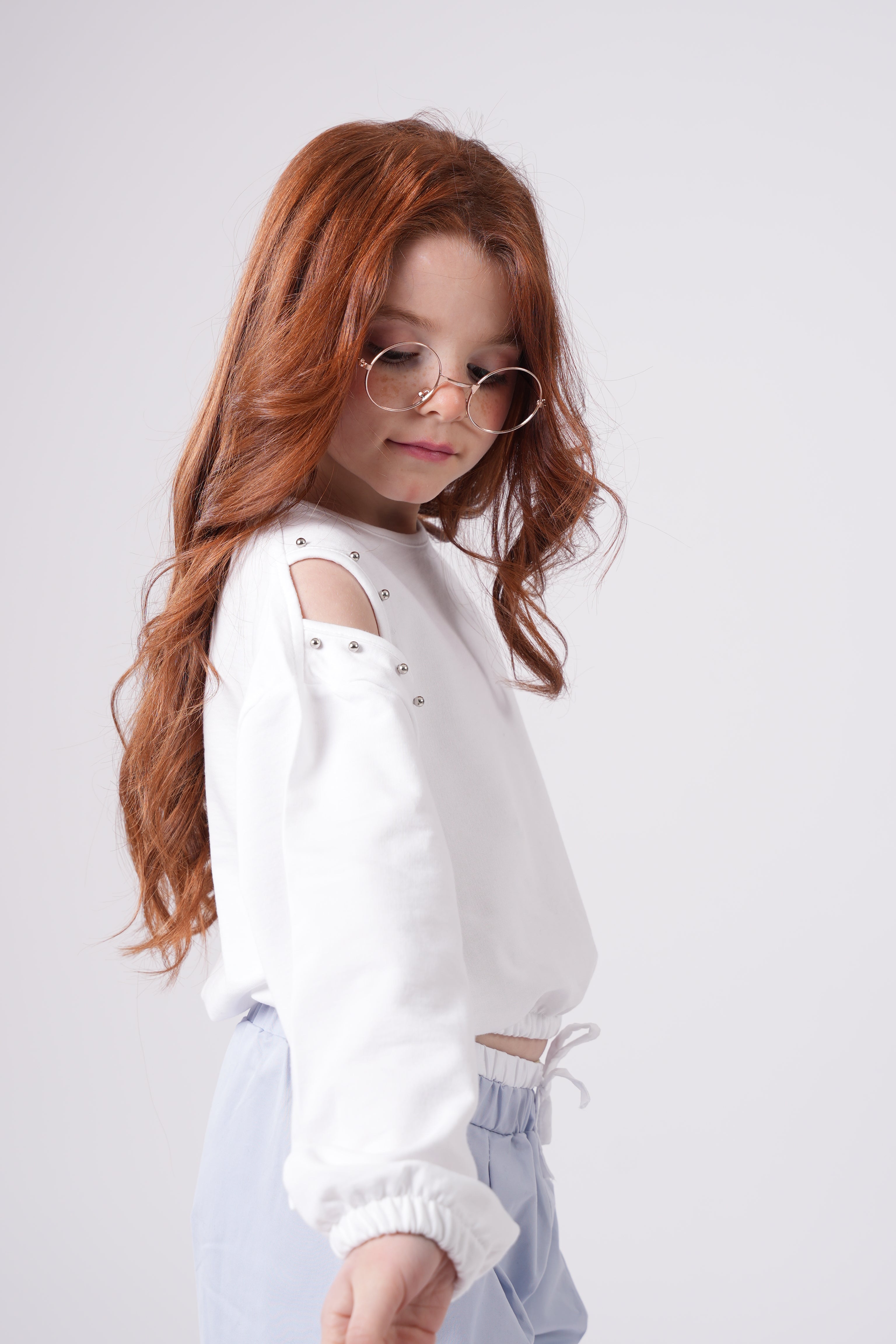 Girls’ Peach Cold-Shoulder Sweatshirt with Studded Detail