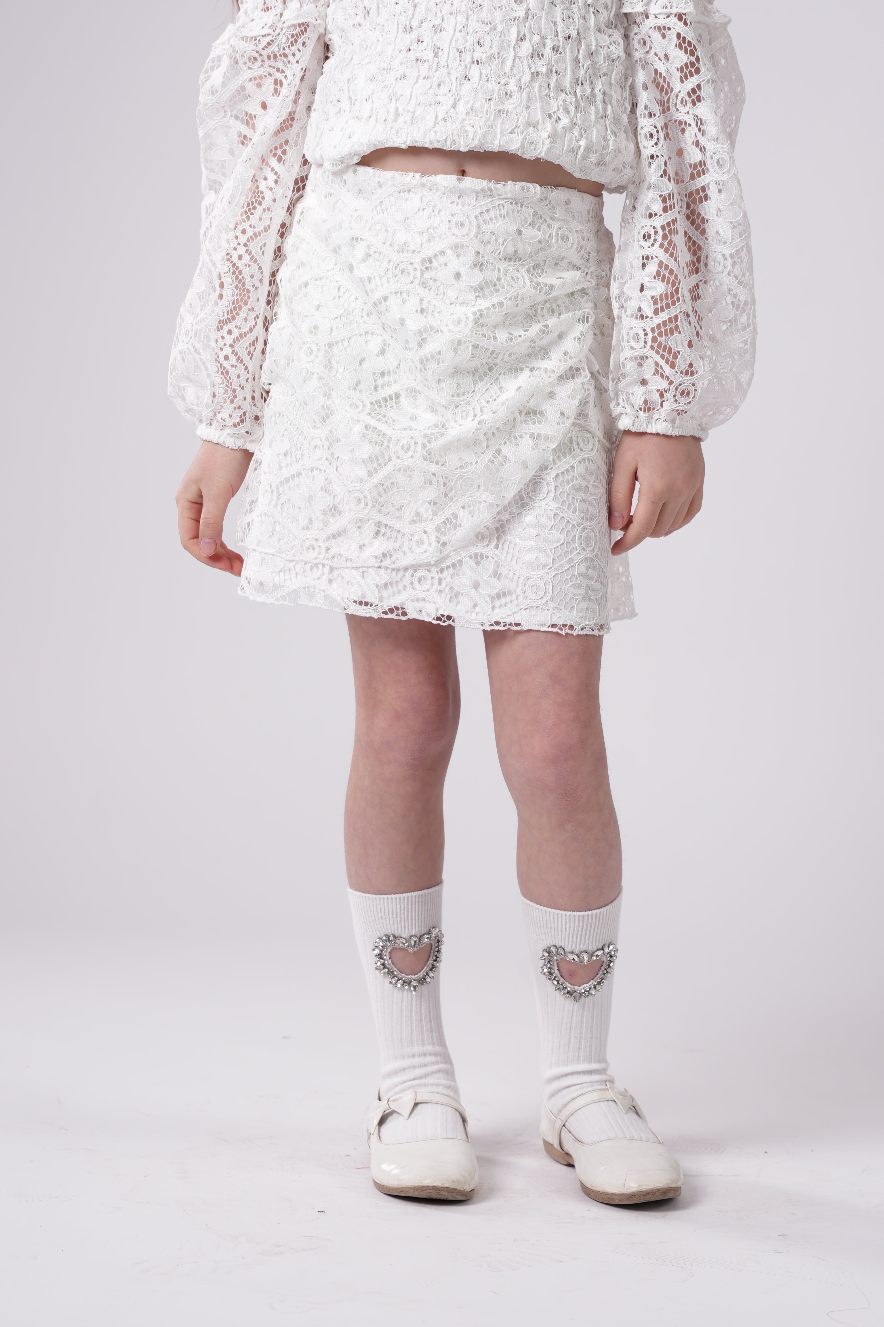 Girls' Elegant White Lace Mini Skirt – Faux-Wrap Ruffle Skirt for Special Occasions