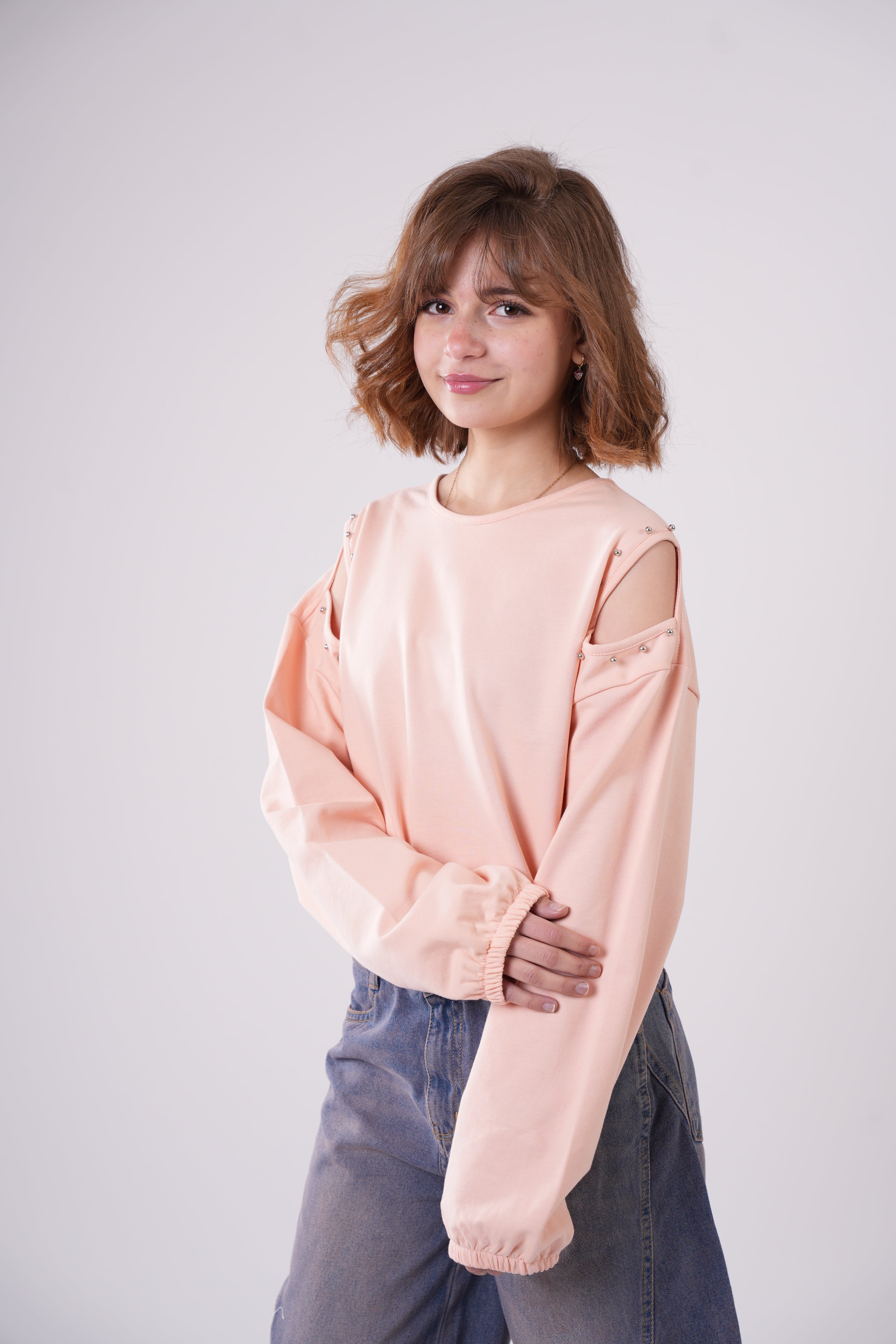 Girls’ Peach Cold-Shoulder Sweatshirt with Studded Detail
