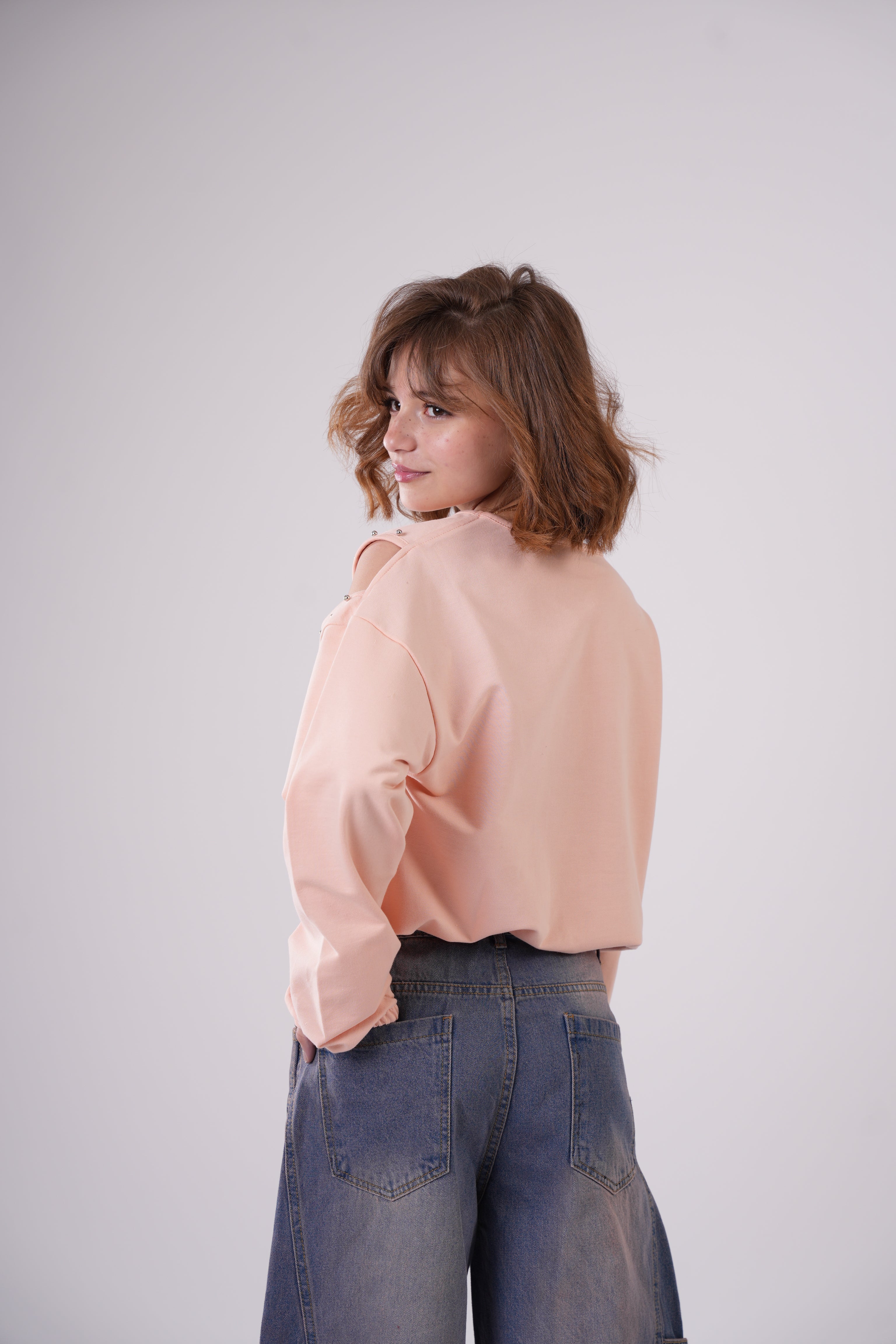 Girls’ Peach Cold-Shoulder Sweatshirt with Studded Detail