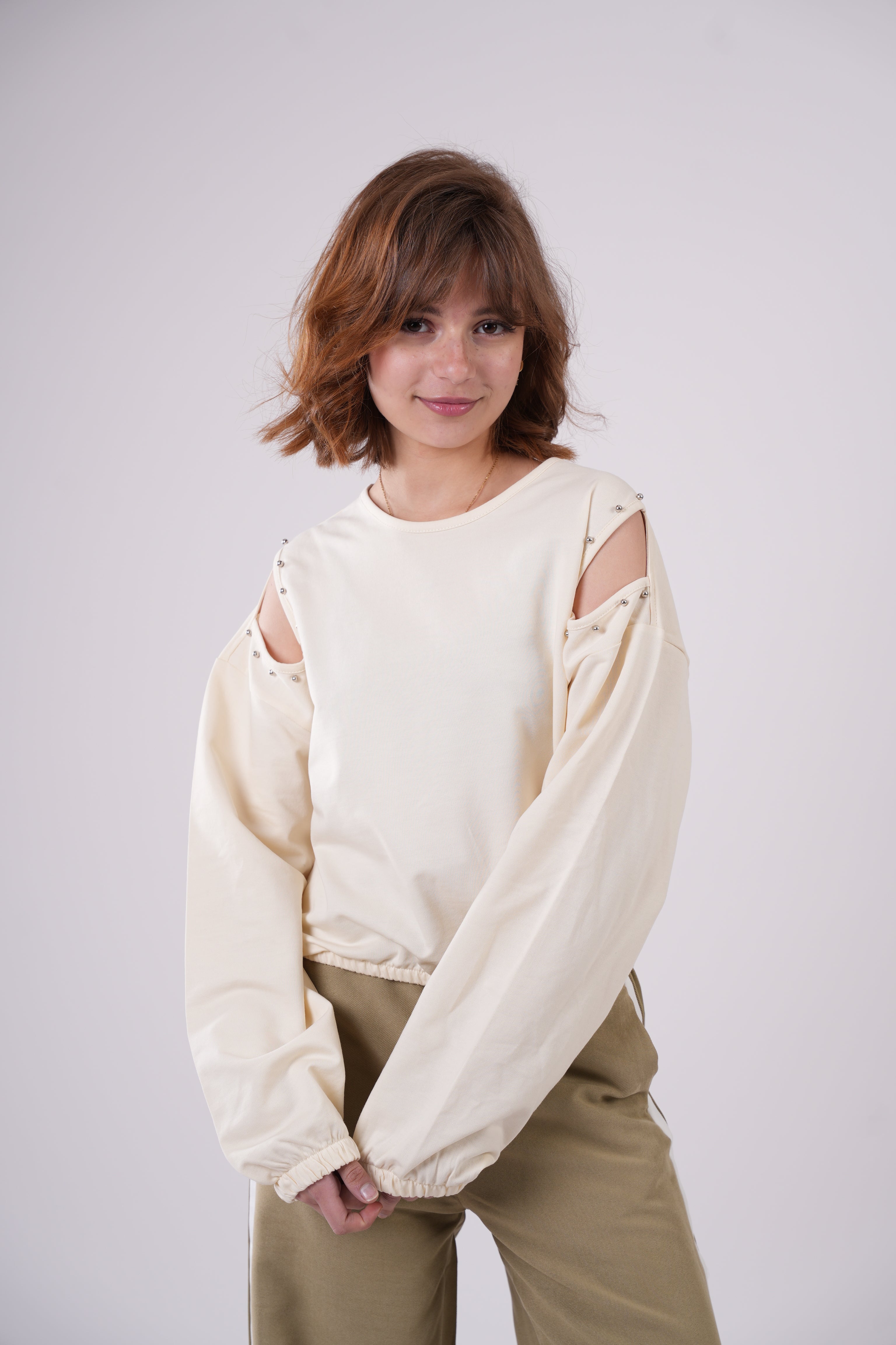 Girls’ Peach Cold-Shoulder Sweatshirt with Studded Detail