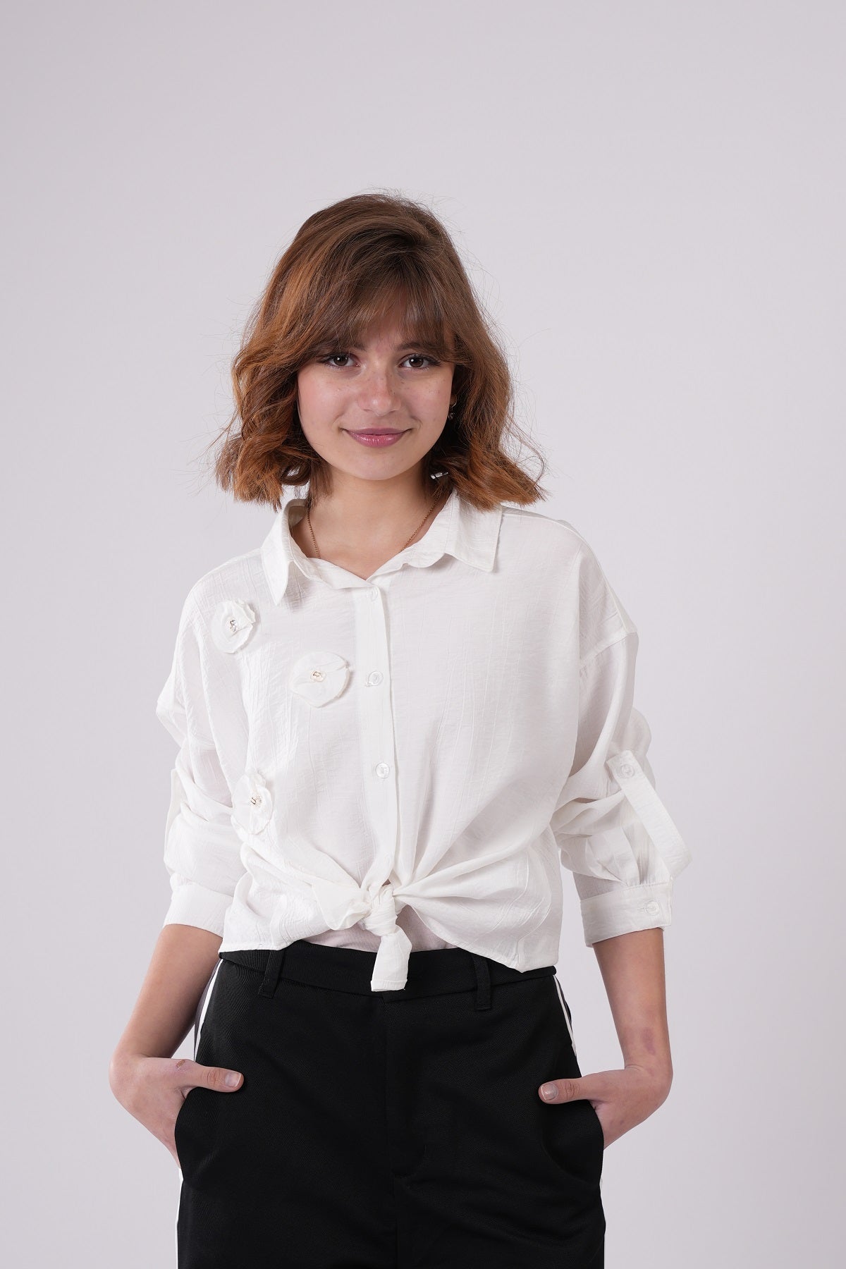 Girls’ Floral Appliqué Tie-Front Blouse