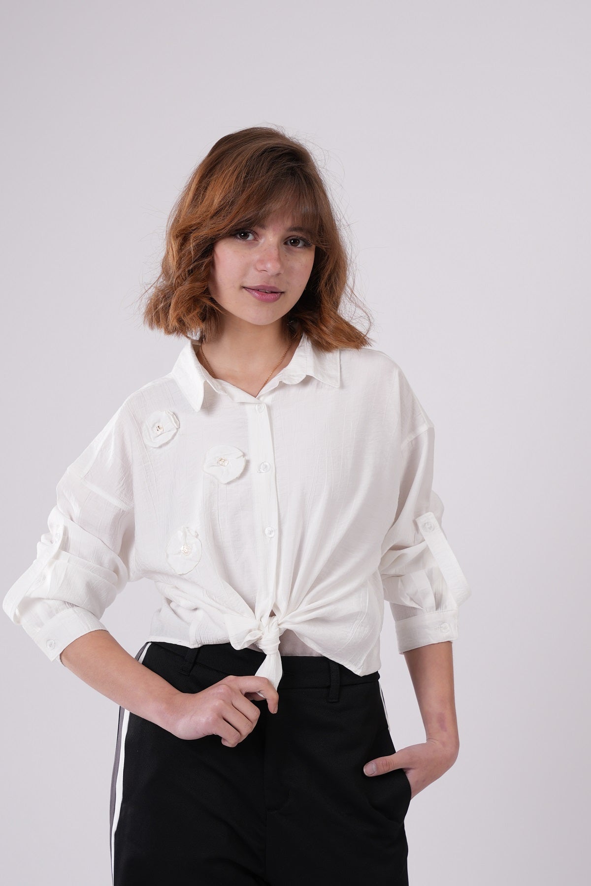 Girls’ Floral Appliqué Tie-Front Blouse