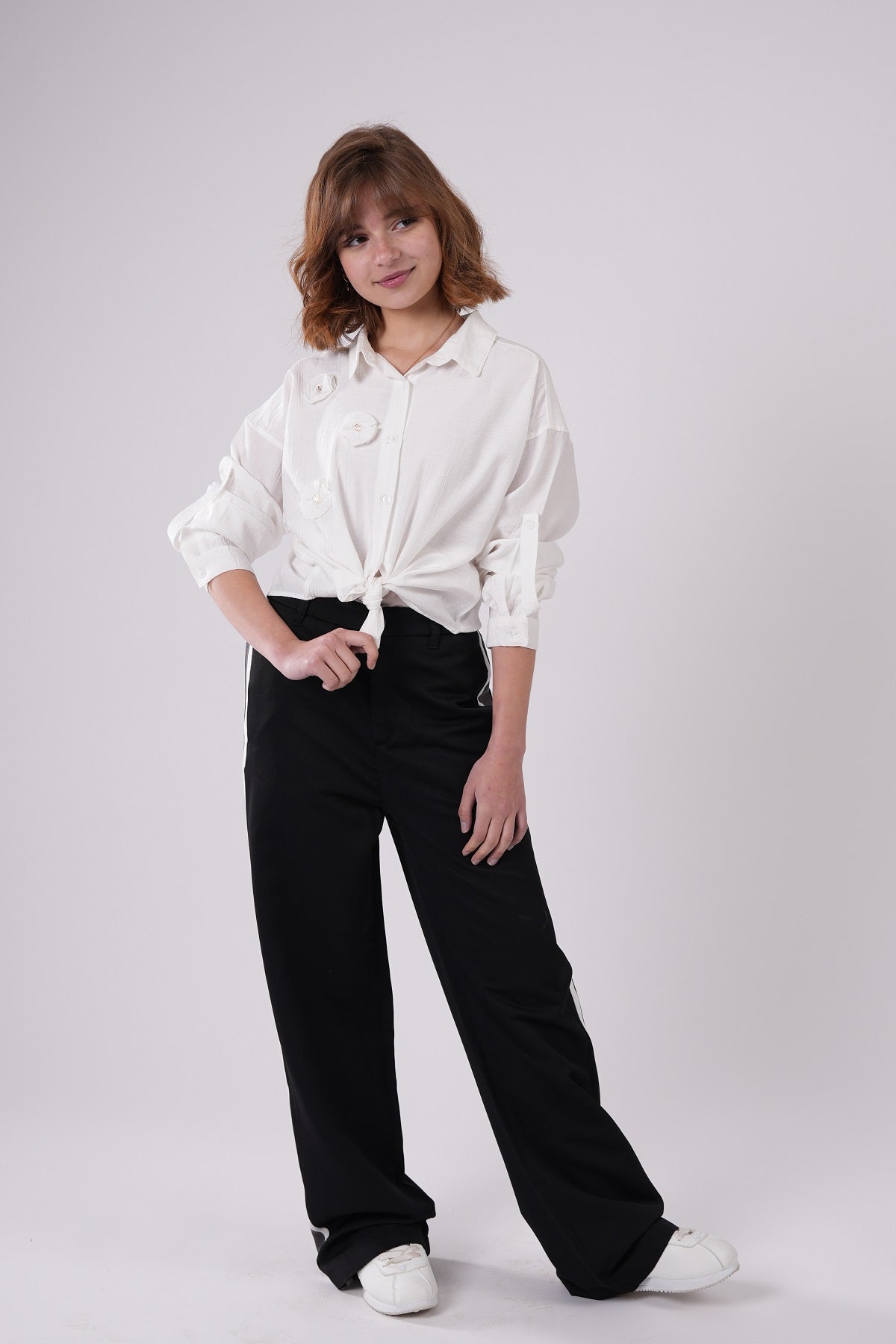 Girls’ Floral Appliqué Tie-Front Blouse