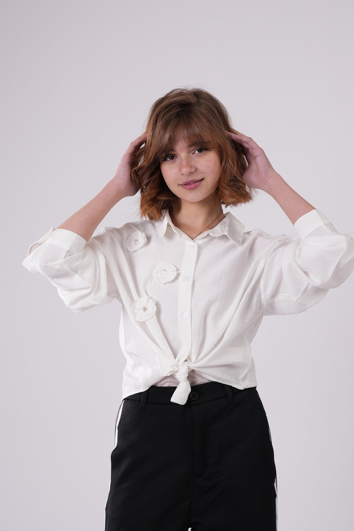Girls’ Floral Appliqué Tie-Front Blouse