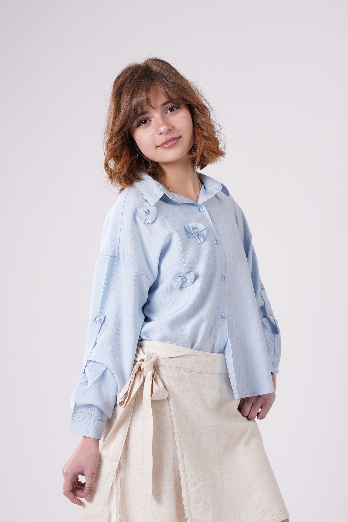 Girls’ Floral Appliqué Tie-Front Blouse