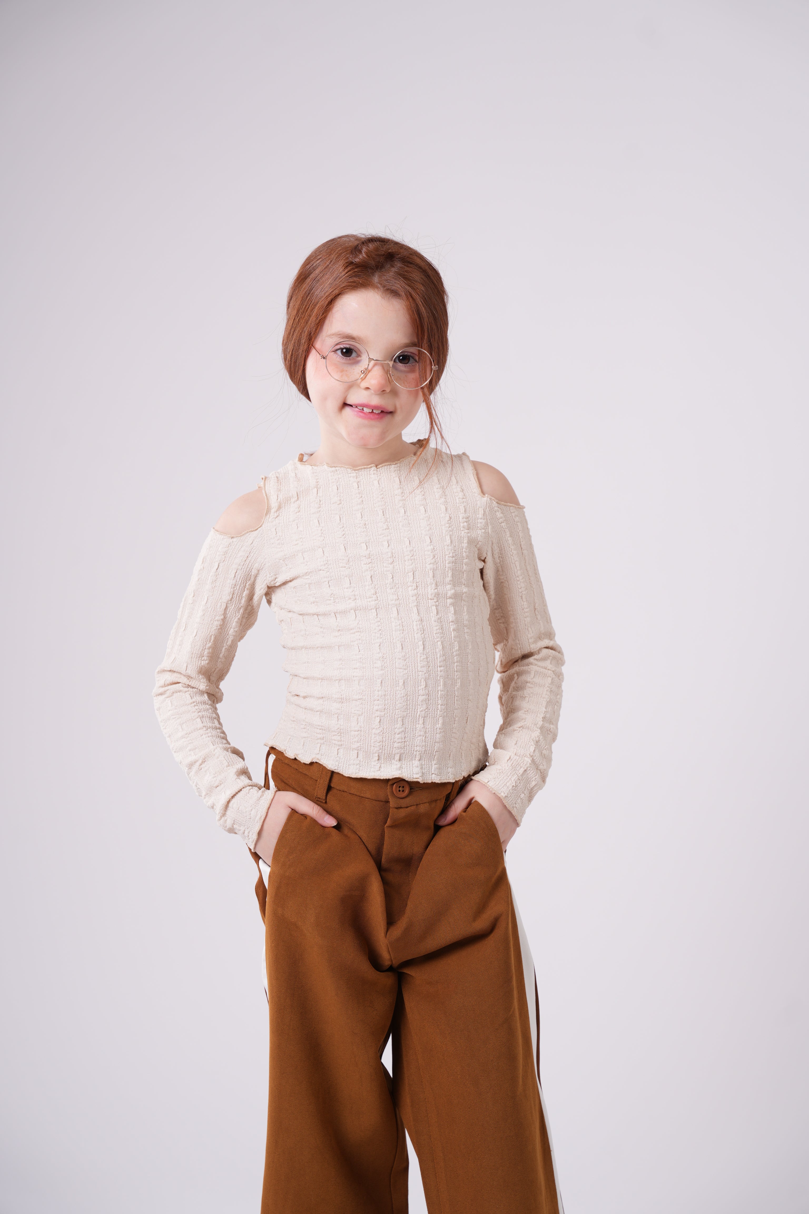 Girls’ Cold-Shoulder Top – Long-Sleeve Lettuce-Trim Ribbed Blouse