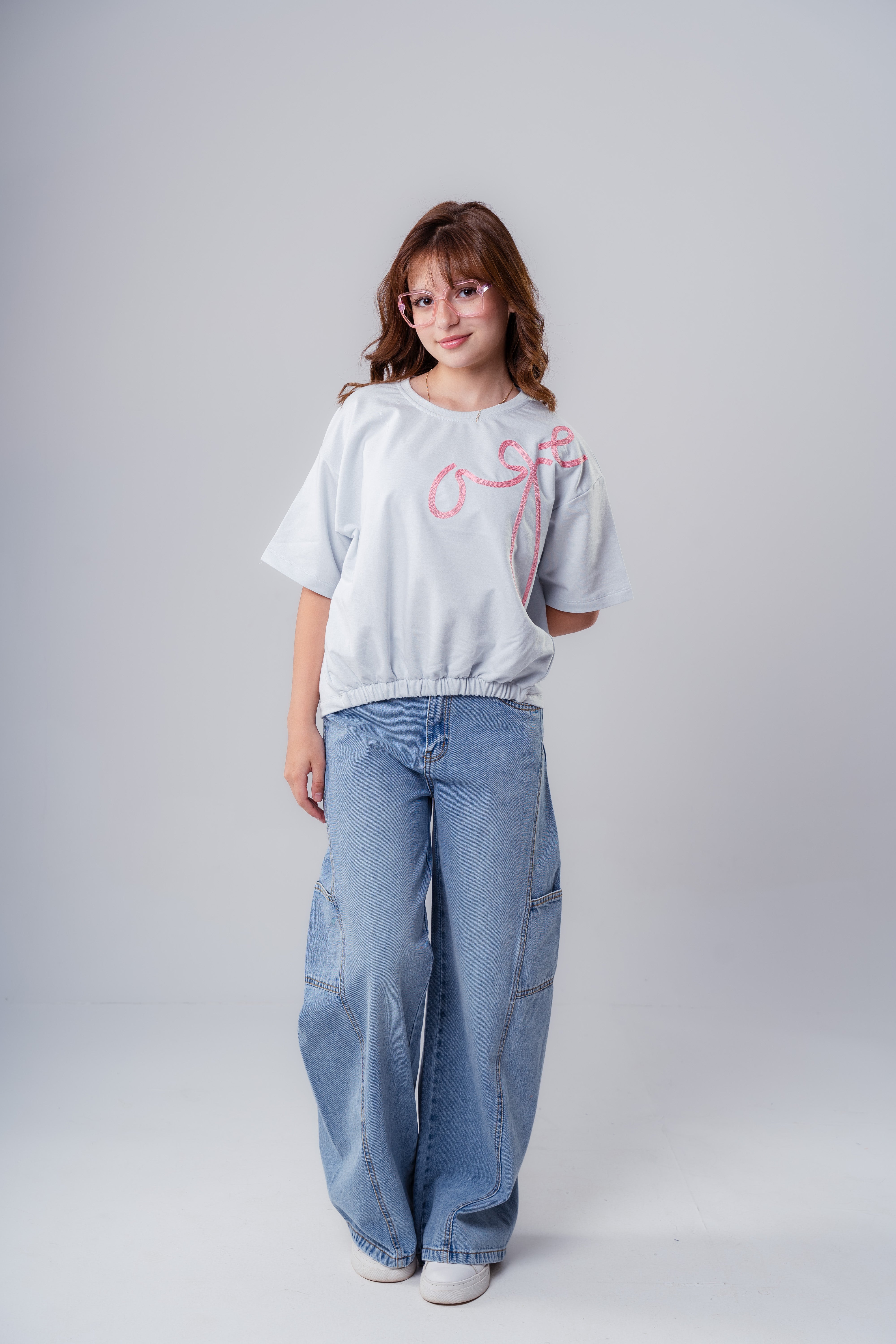 Girls' Short-Sleeve-Style Tee with Orange Embroidered Detail